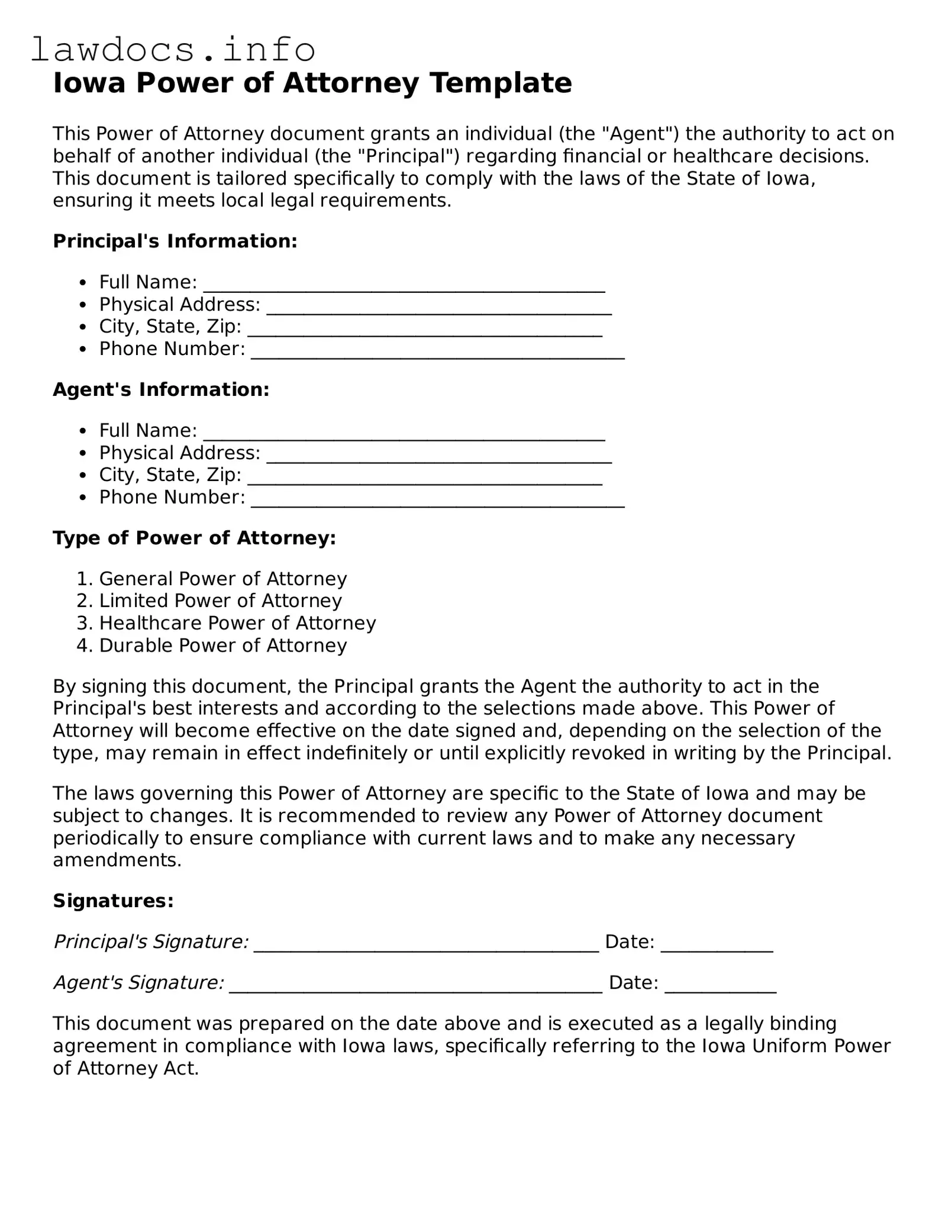 Blank Power of Attorney Template for the State of Iowa