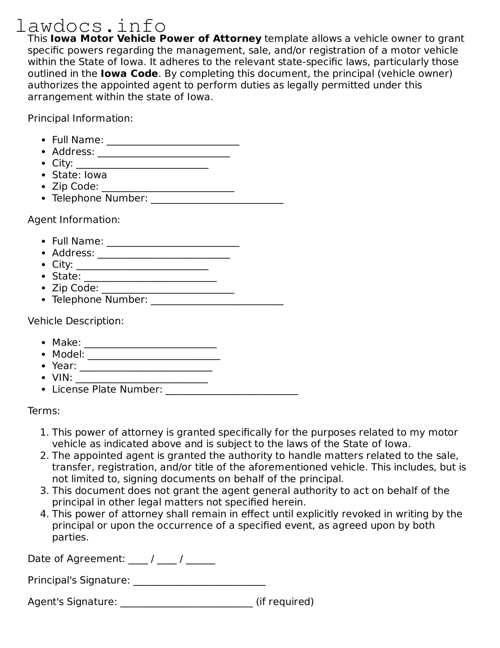 Blank Motor Vehicle Power of Attorney Template for the State of Iowa