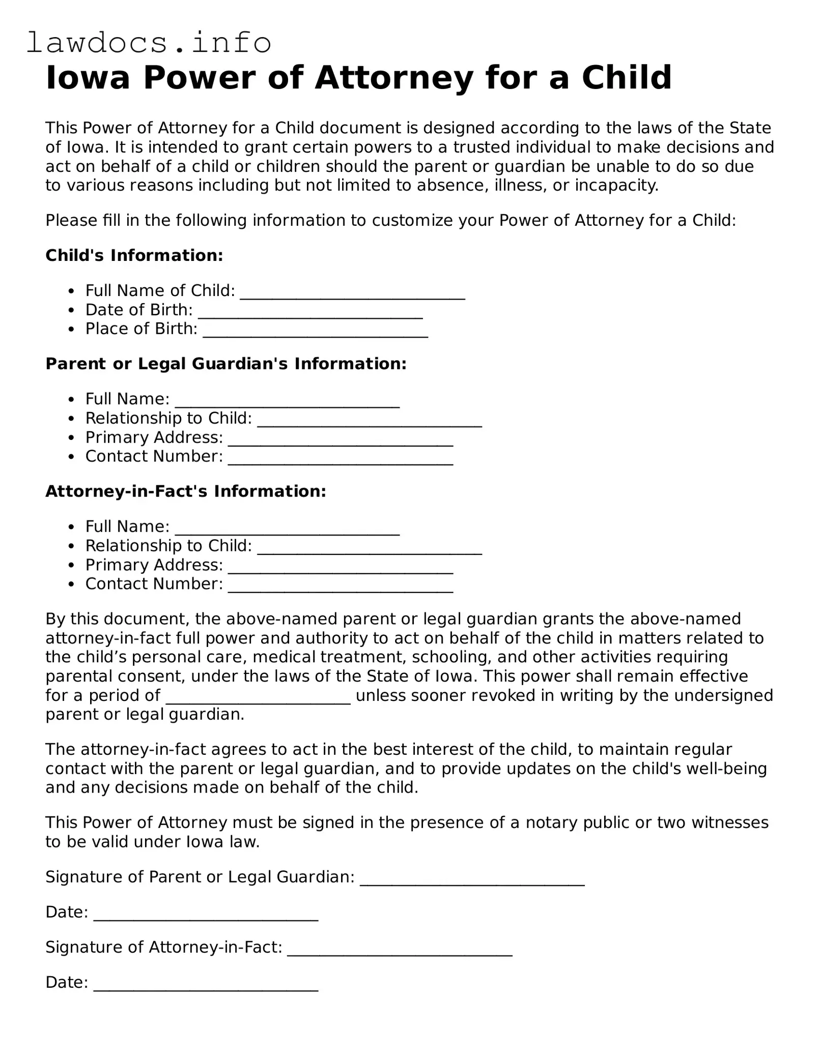 Blank Power of Attorney for a Child Template for the State of Iowa