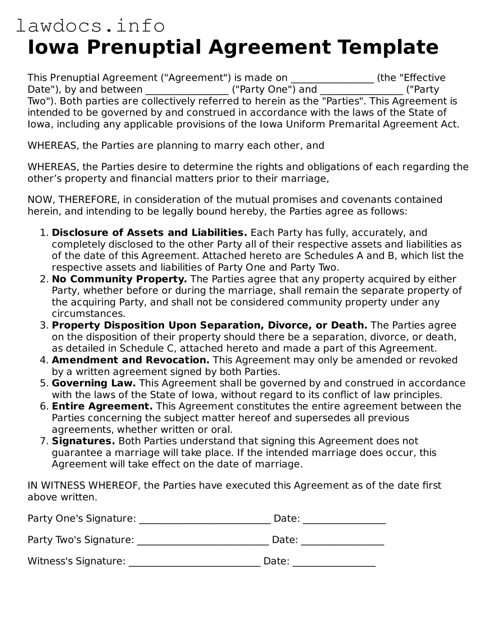 Blank Prenuptial Agreement Template for the State of Iowa