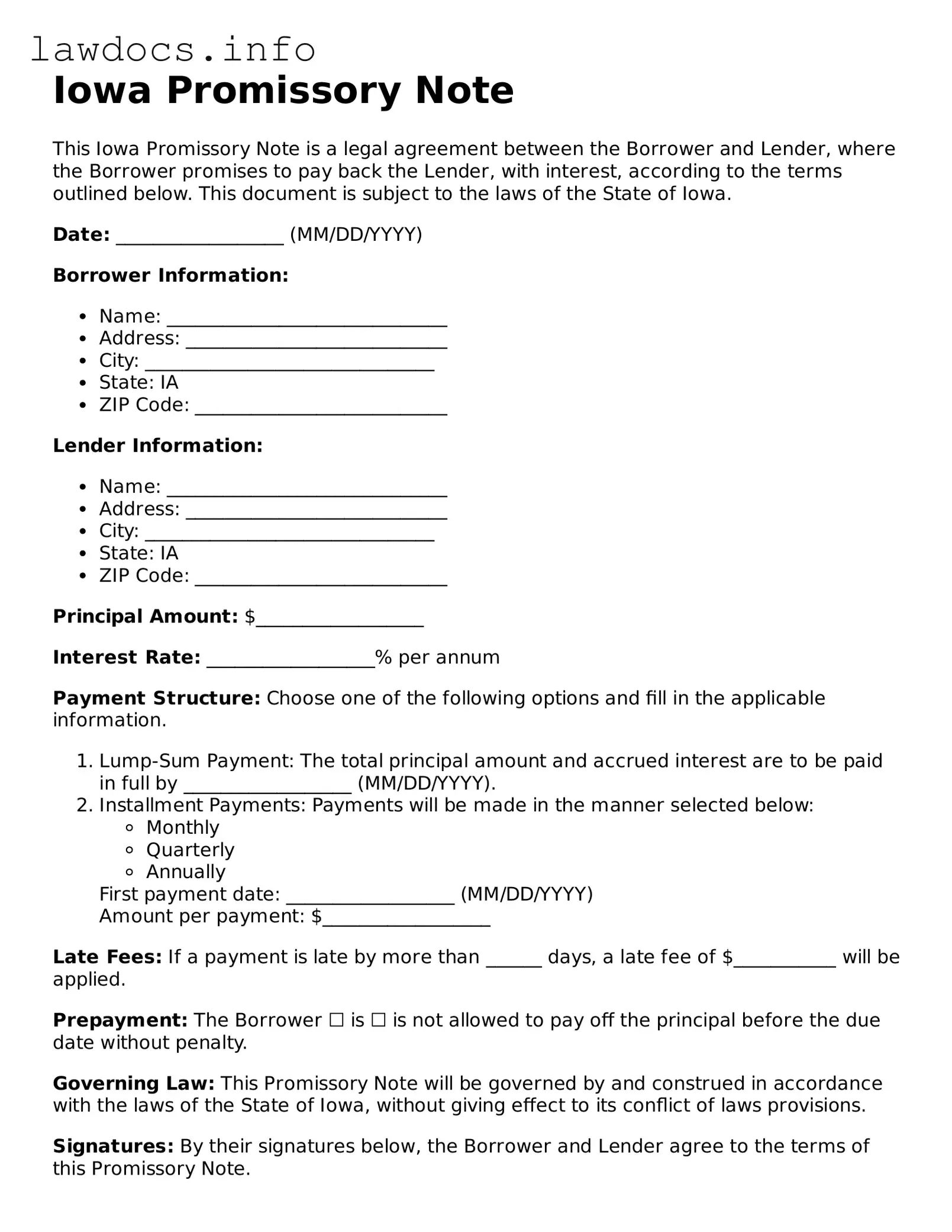 Blank Promissory Note Template for the State of Iowa