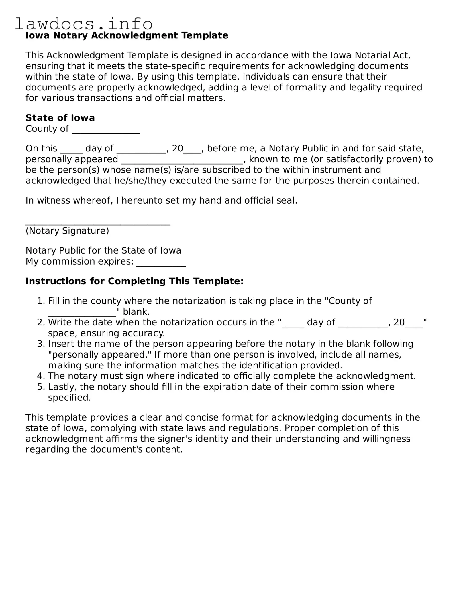 Blank Notary Acknowledgement Template for the State of Iowa