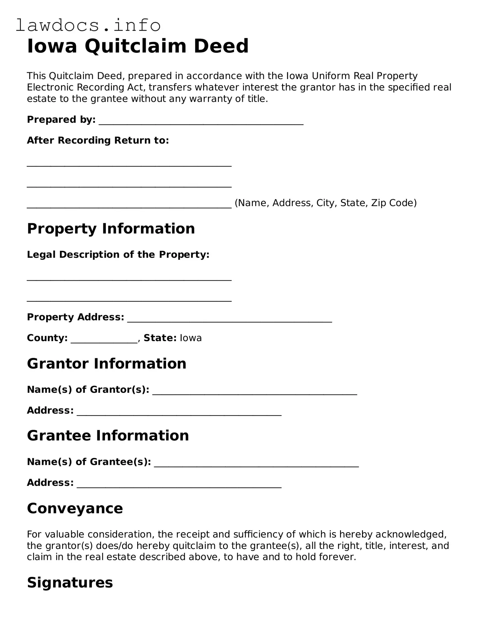 Blank Quitclaim Deed Template for the State of Iowa
