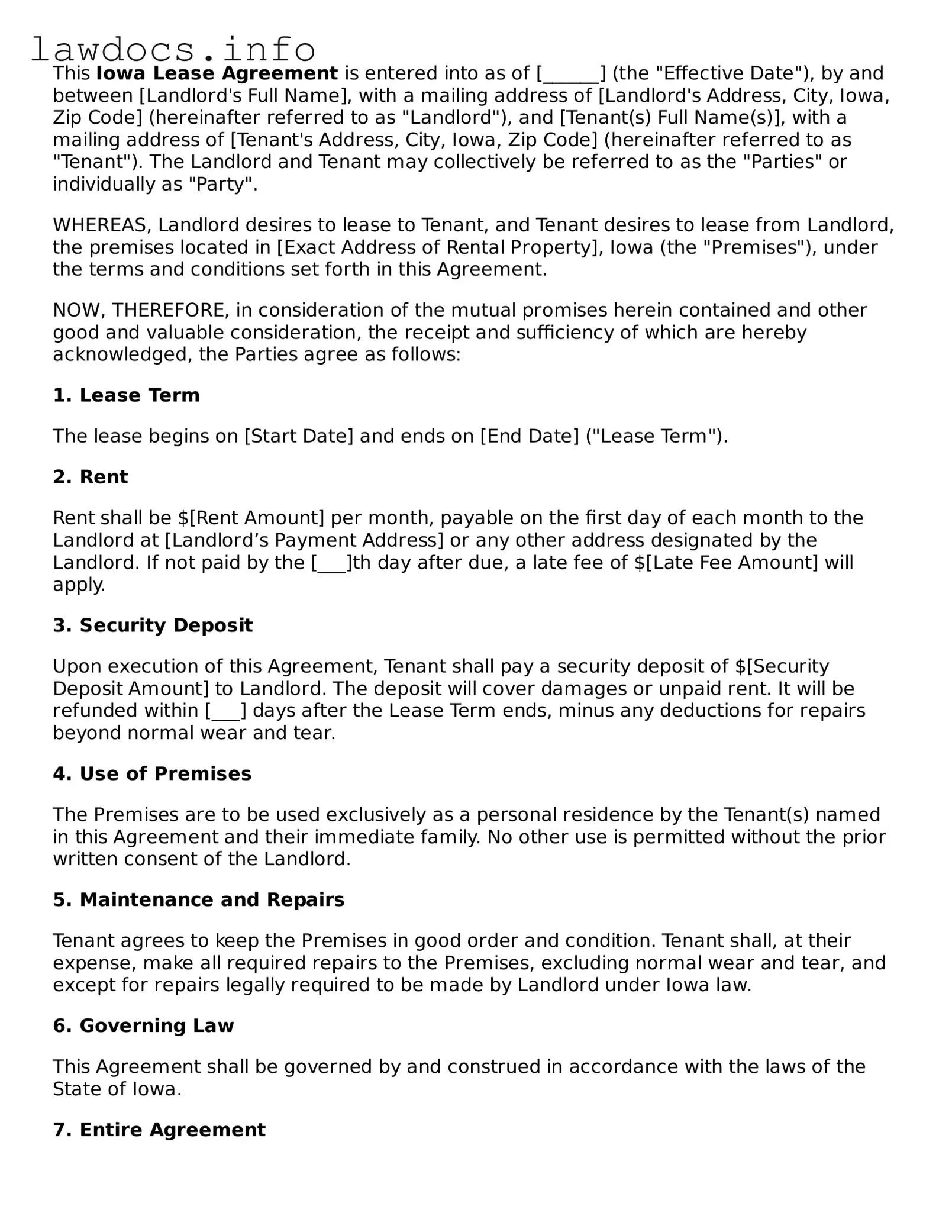 Blank Lease Agreement Template for the State of Iowa