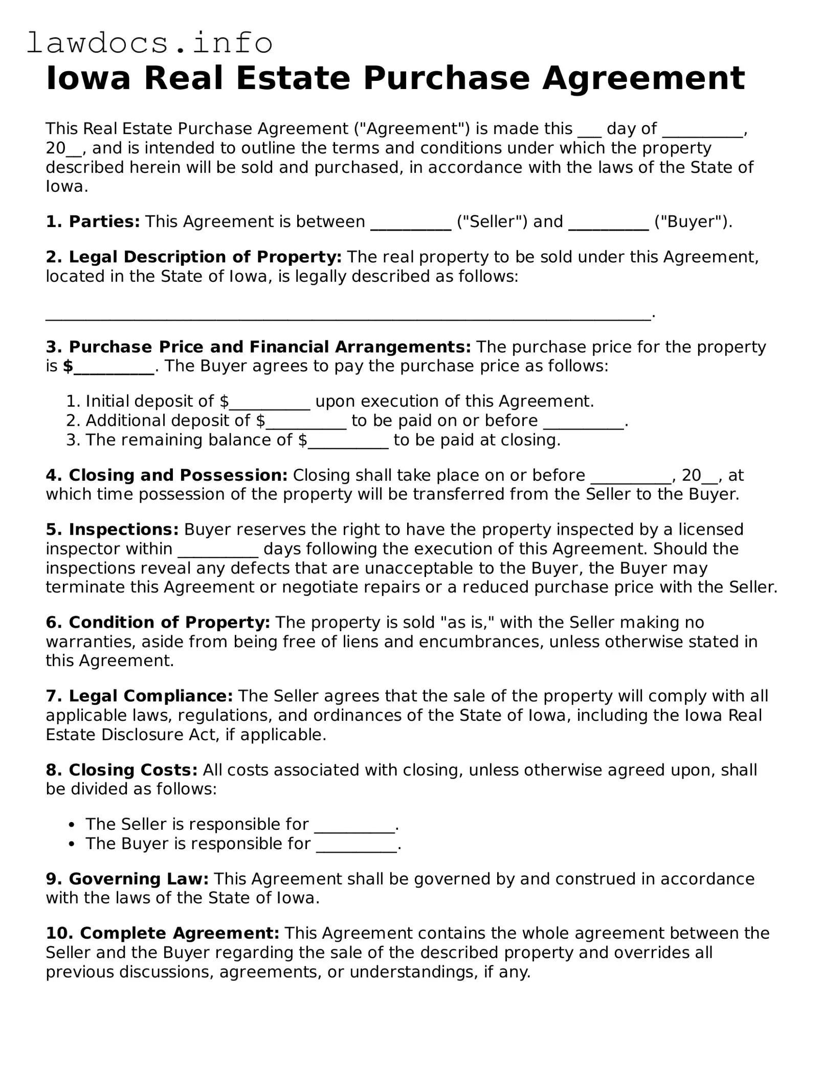 Blank Real Estate Purchase Agreement Template for the State of Iowa