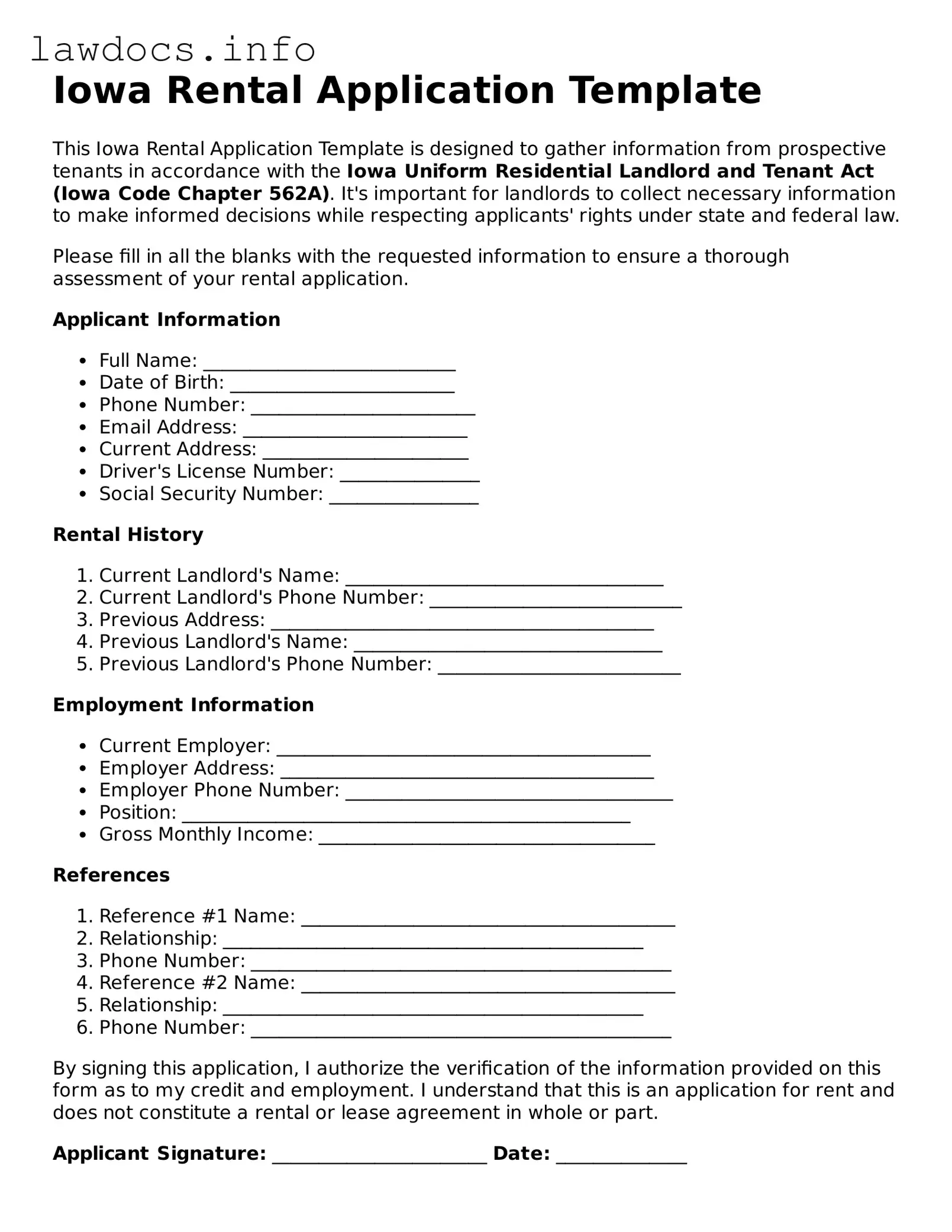 Blank Rental Application Template for the State of Iowa