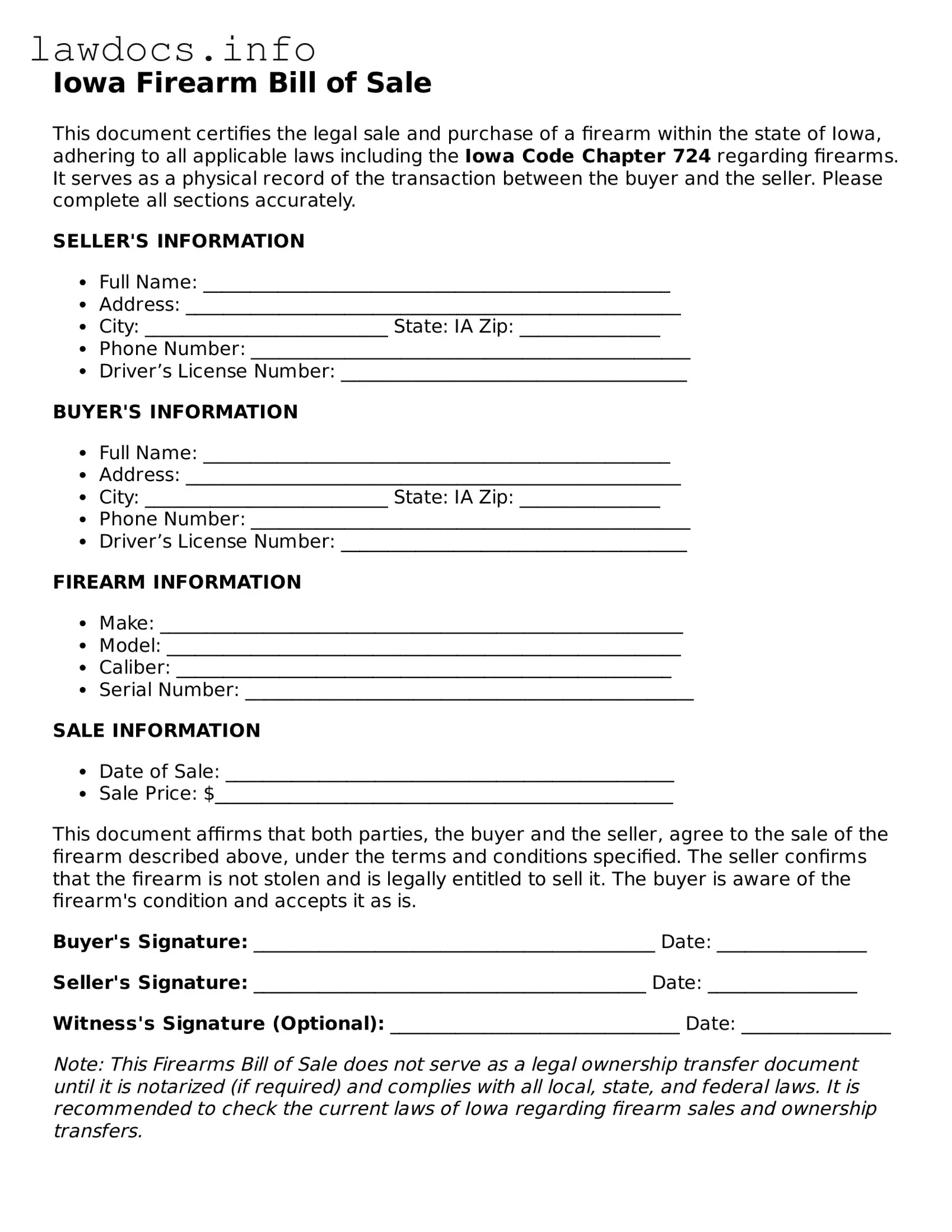 Blank Firearm Bill of Sale Template for the State of Iowa