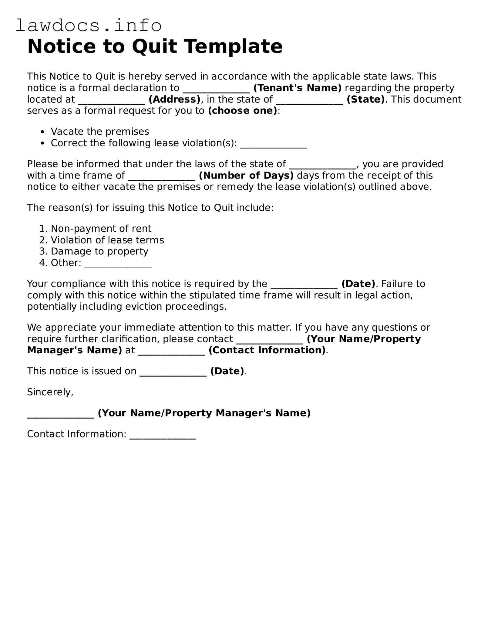 Valid Notice to Quit Form