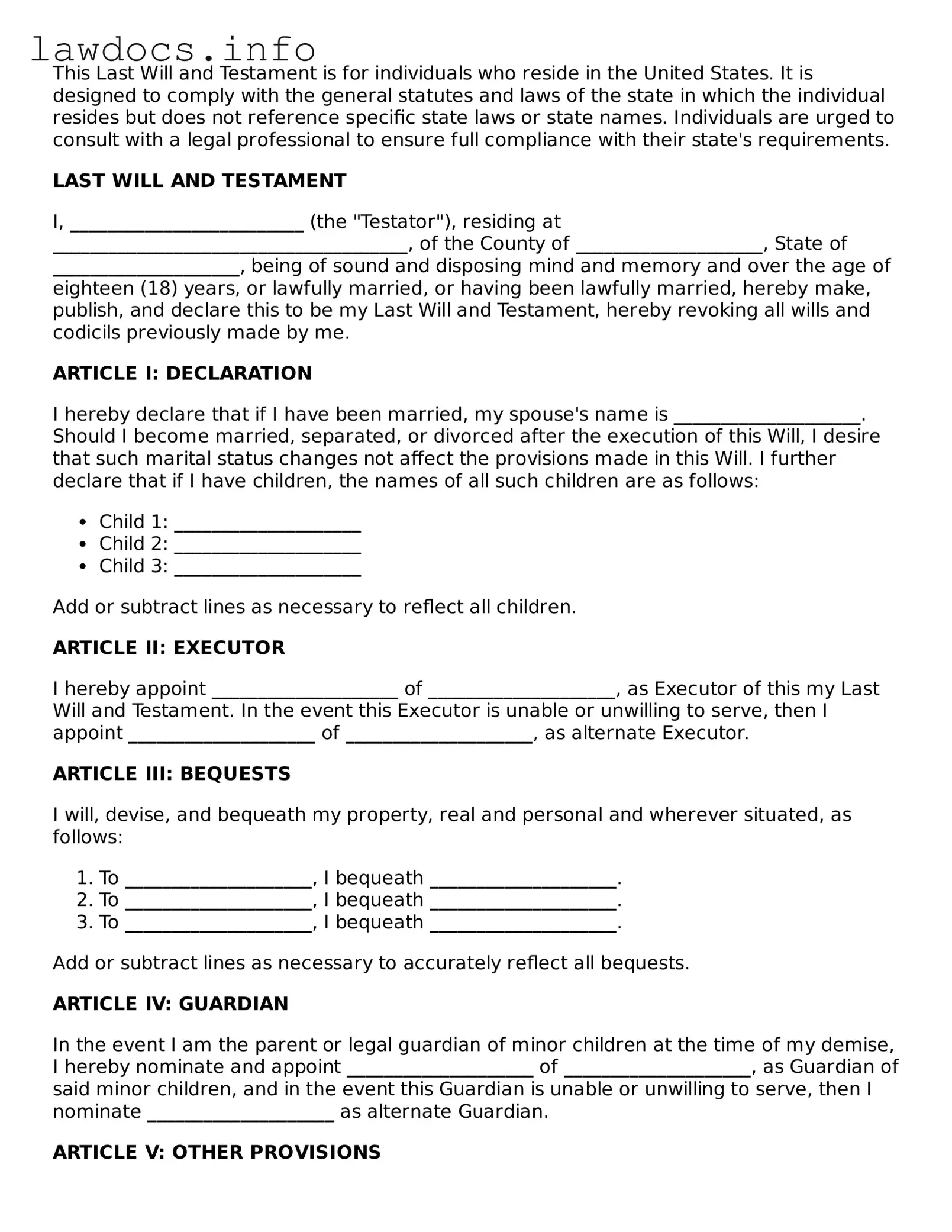 Valid Last Will and Testament Form
