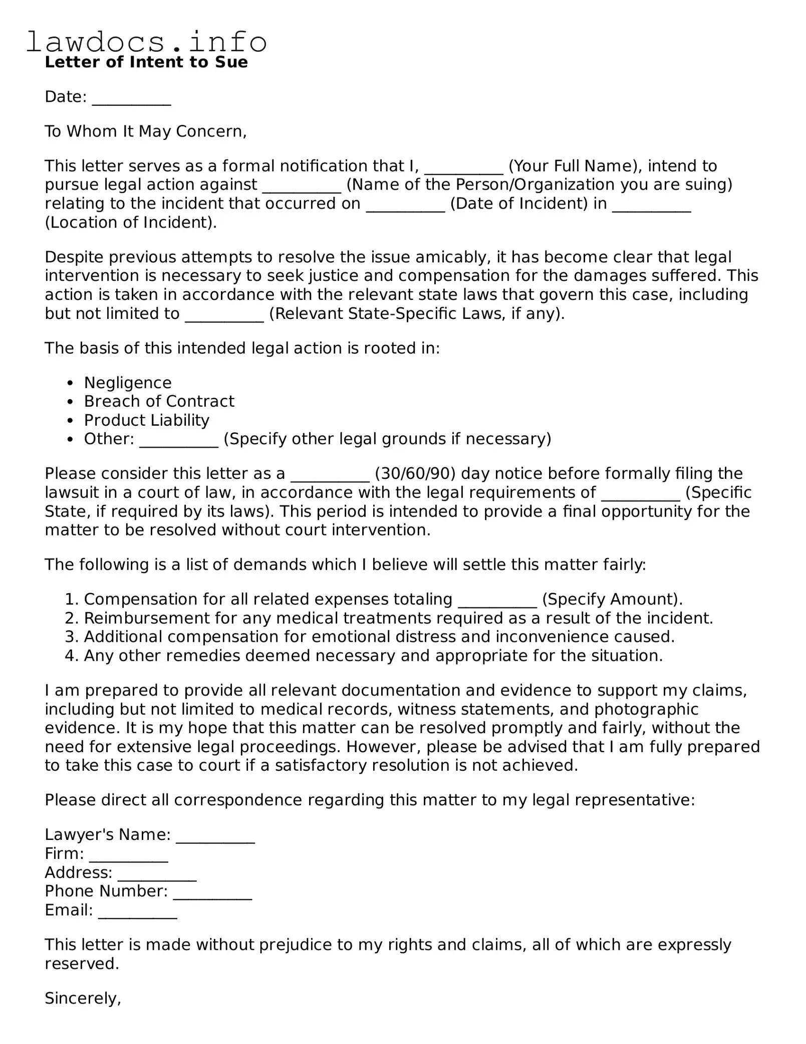 Valid Letter of Intent to Sue Form