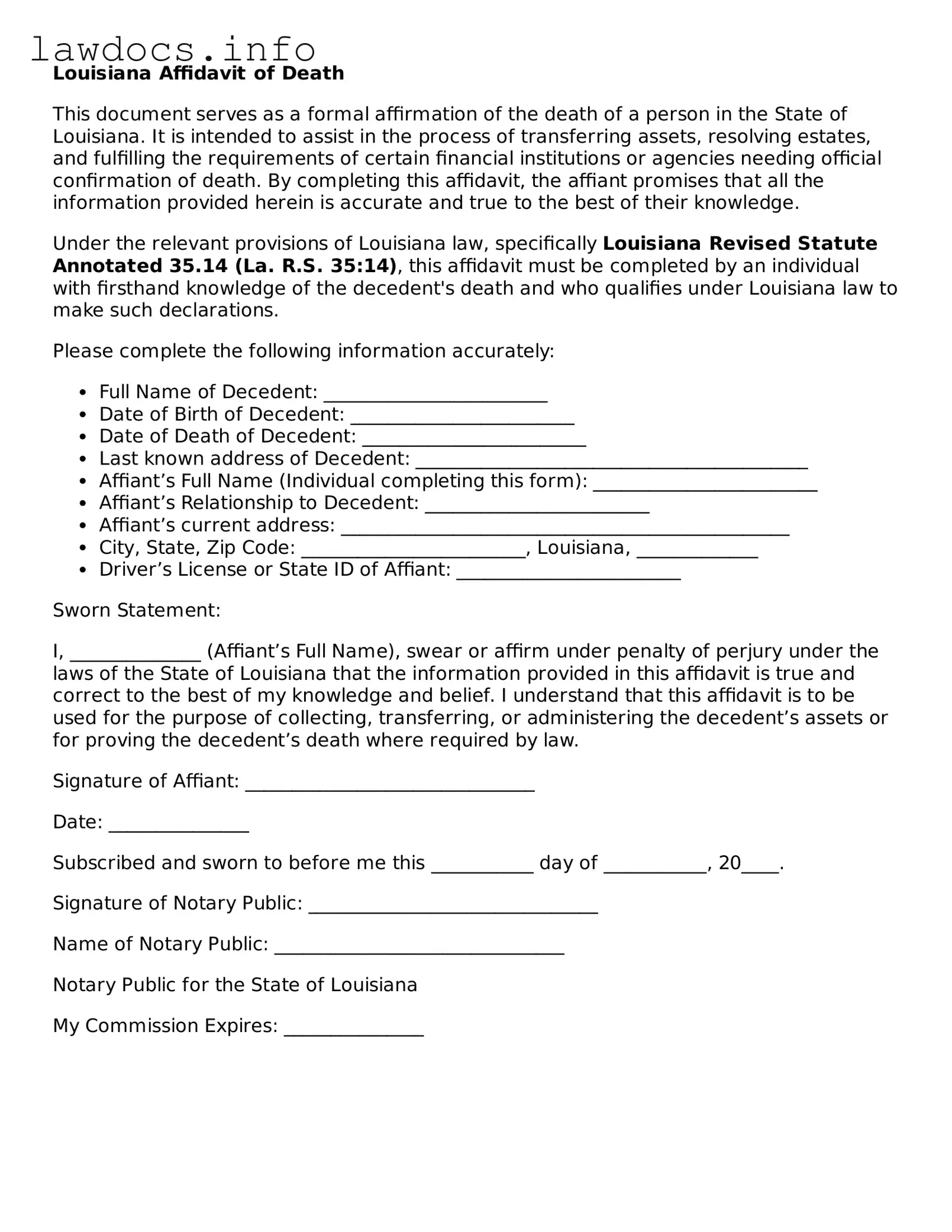 Blank Affidavit of Death Template for the State of Louisiana