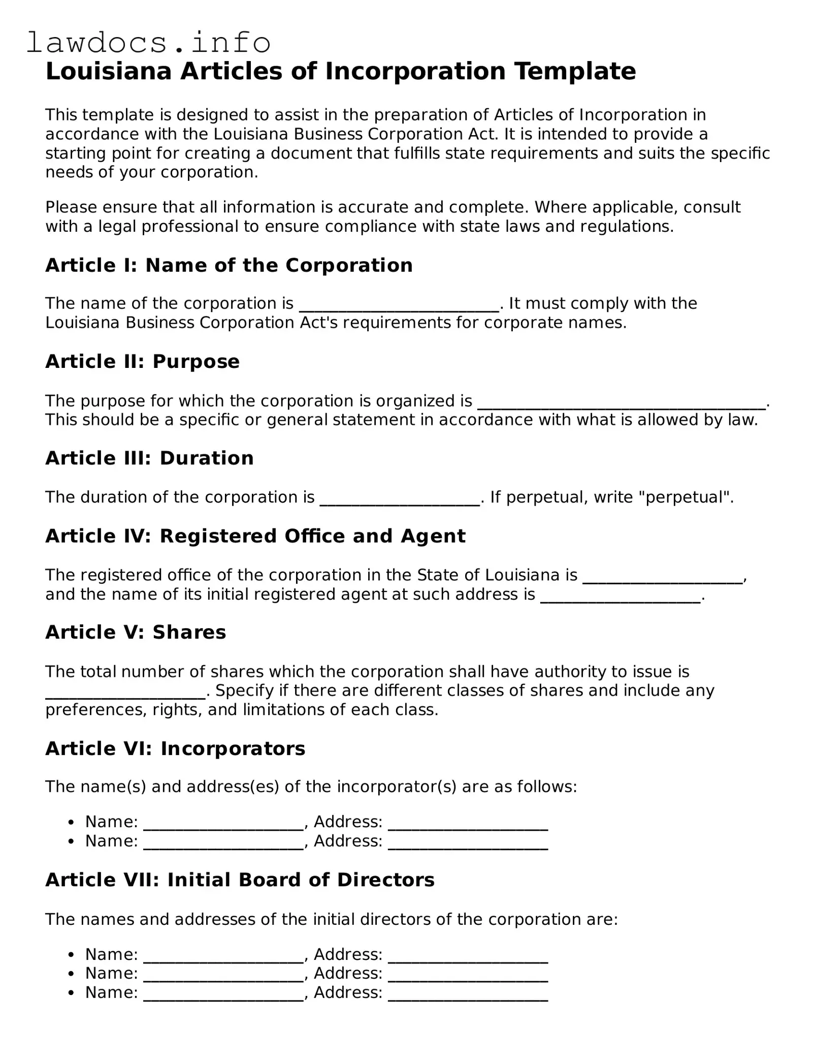 Blank Articles of Incorporation Template for the State of Louisiana