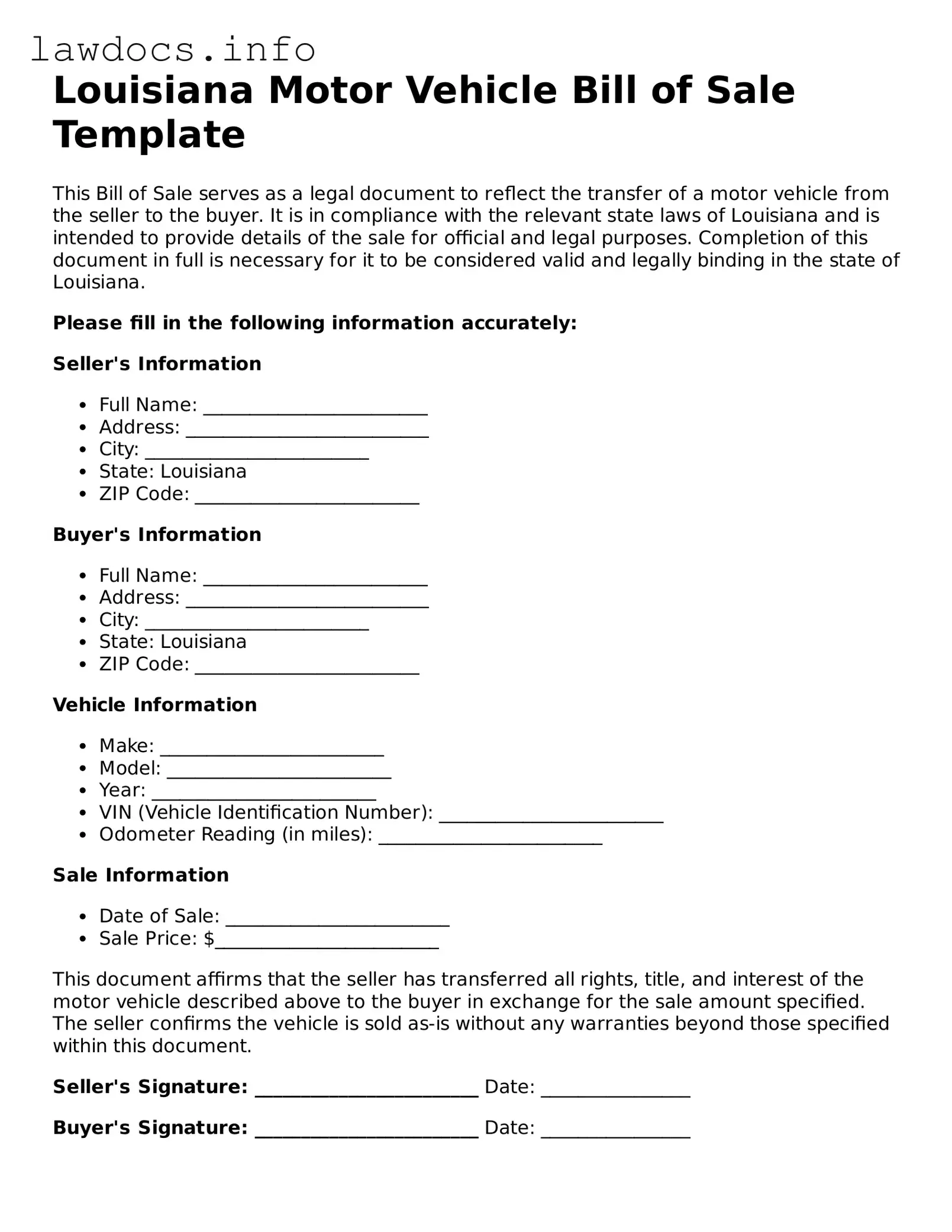 Blank Motor Vehicle Bill of Sale Template for the State of Louisiana