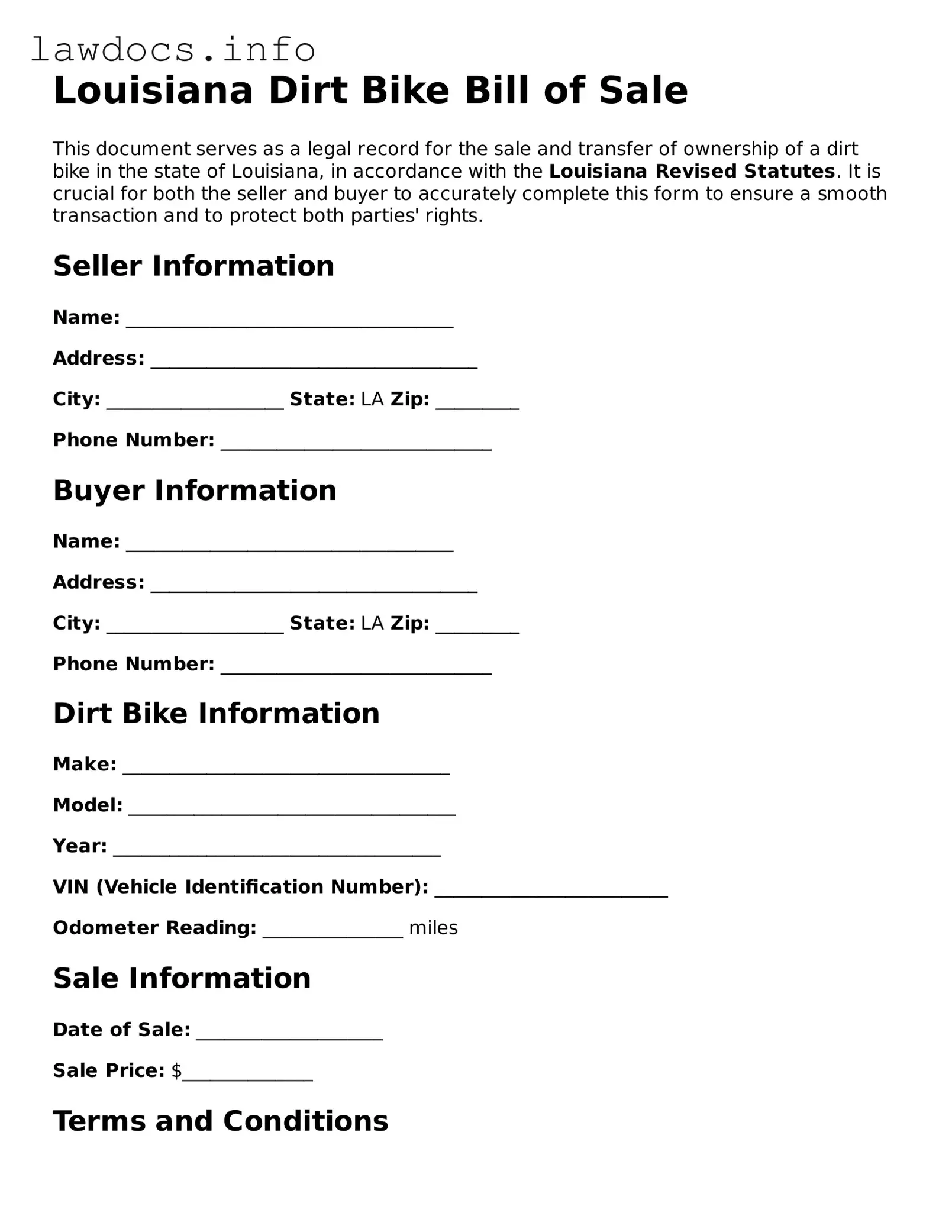 Blank Dirt Bike Bill of Sale Template for the State of Louisiana