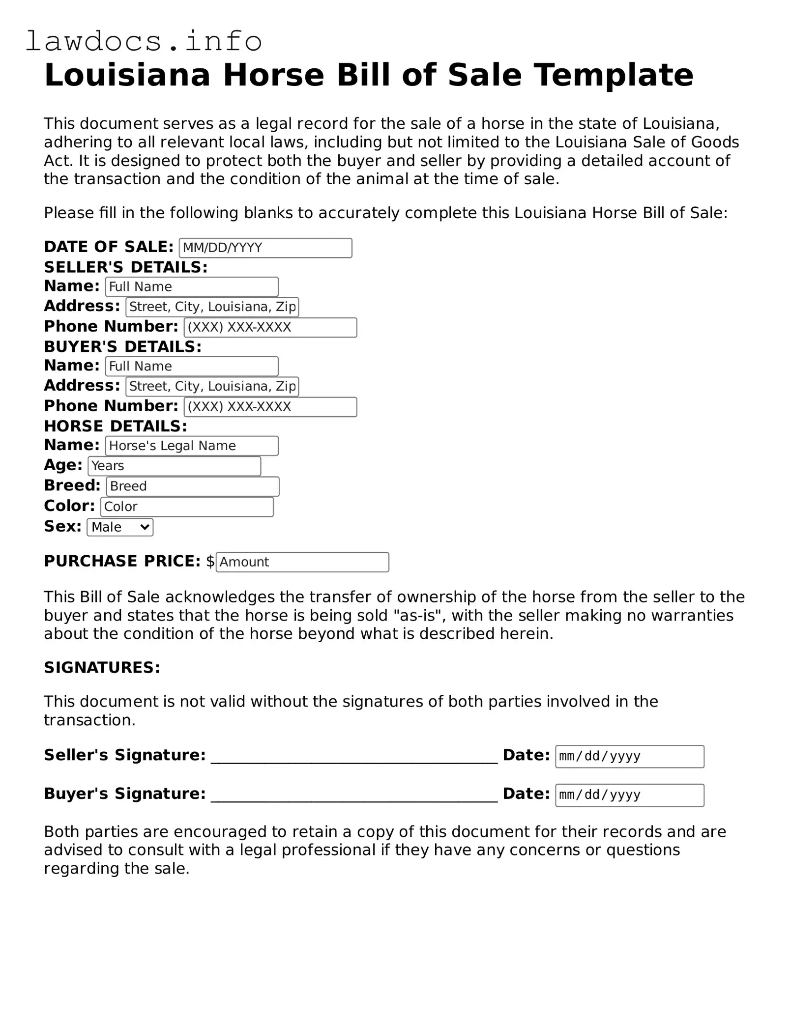 Blank Horse Bill of Sale Template for the State of Louisiana