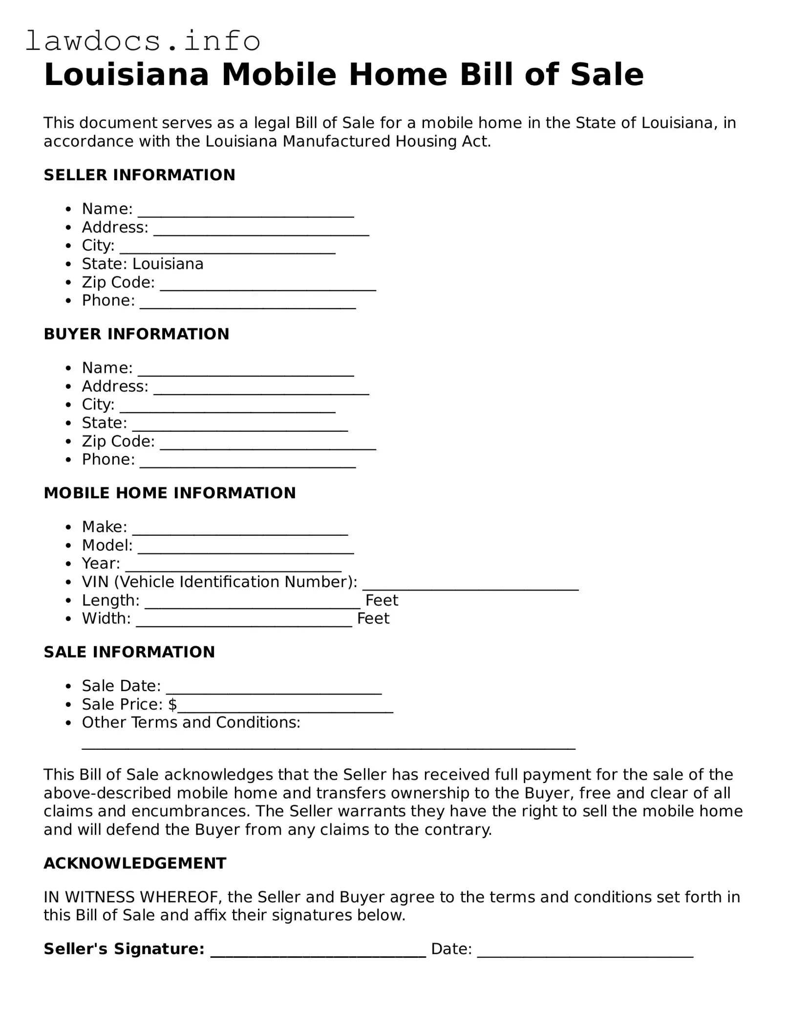 Blank Mobile Home Bill of Sale Template for the State of Louisiana