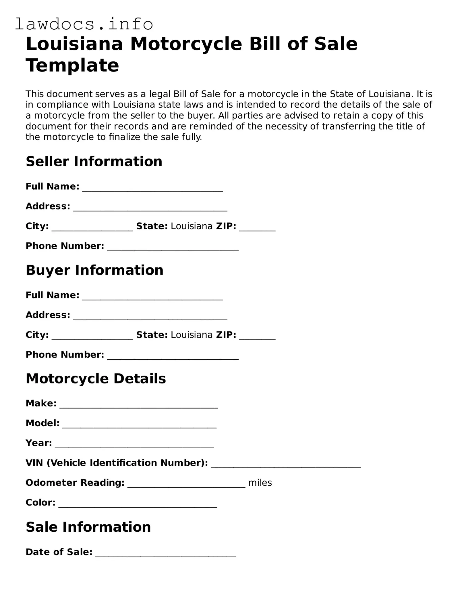 Blank Motorcycle Bill of Sale Template for the State of Louisiana