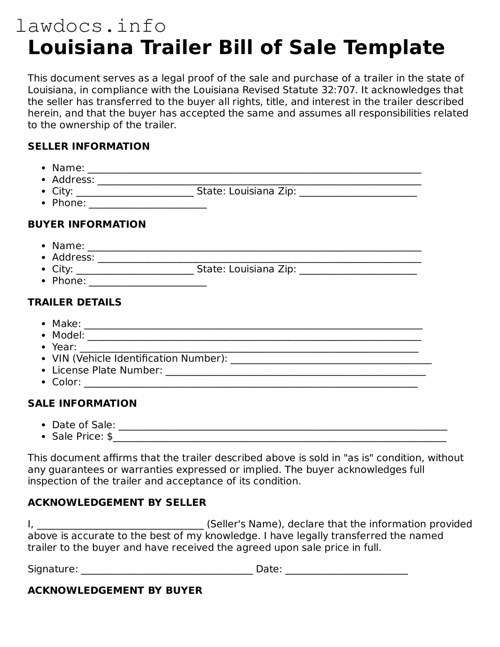 Blank Trailer Bill of Sale Template for the State of Louisiana
