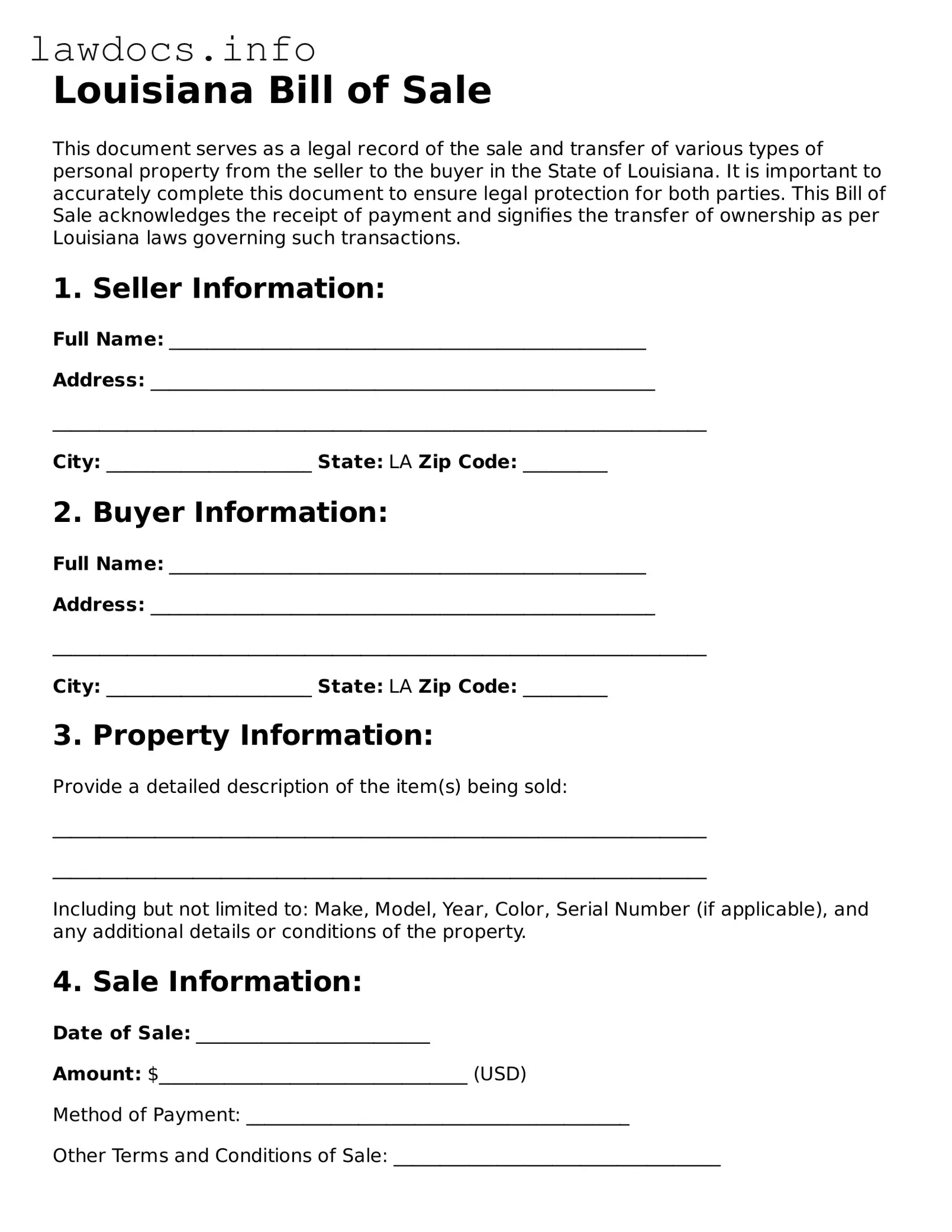 Blank Bill of Sale Template for the State of Louisiana