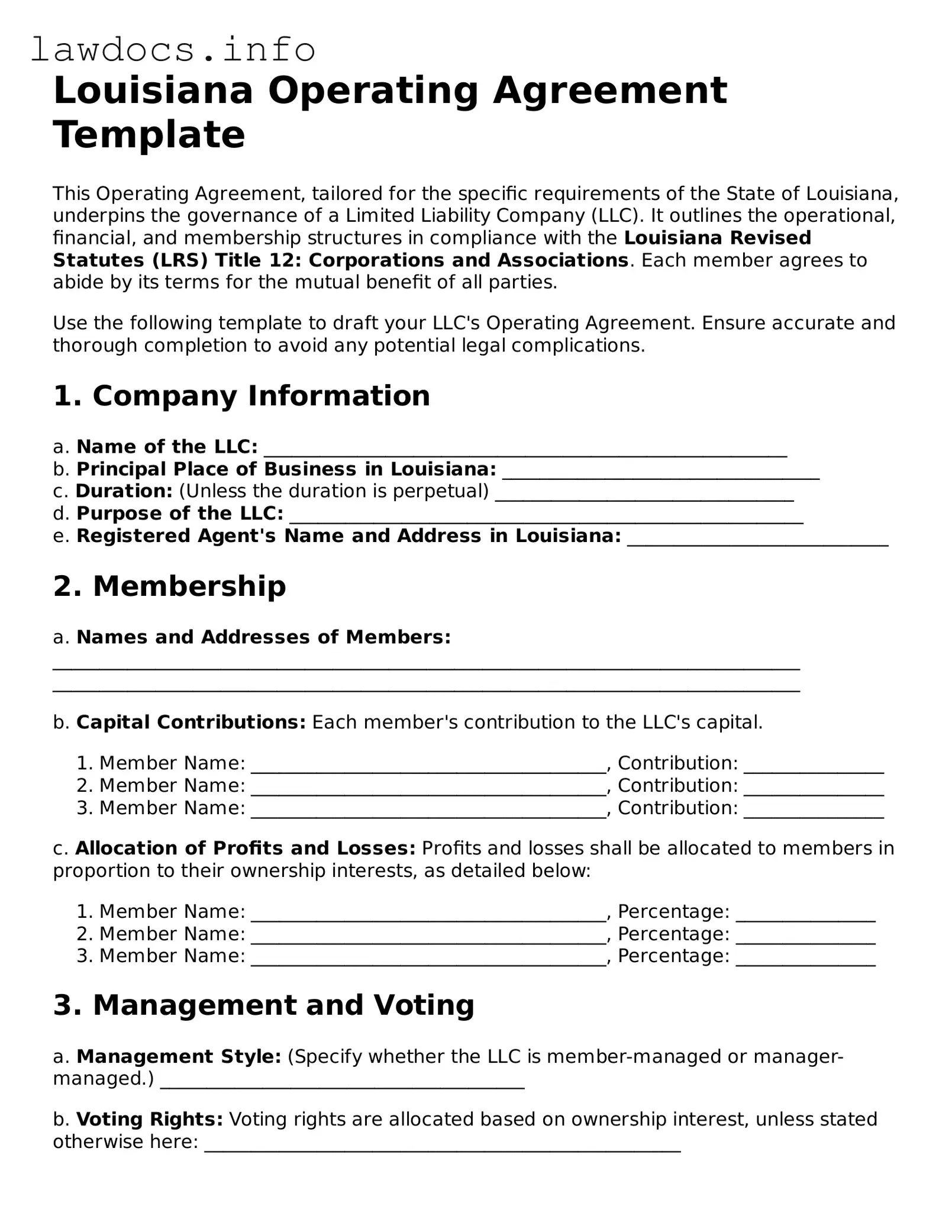Blank Operating Agreement Template for the State of Louisiana