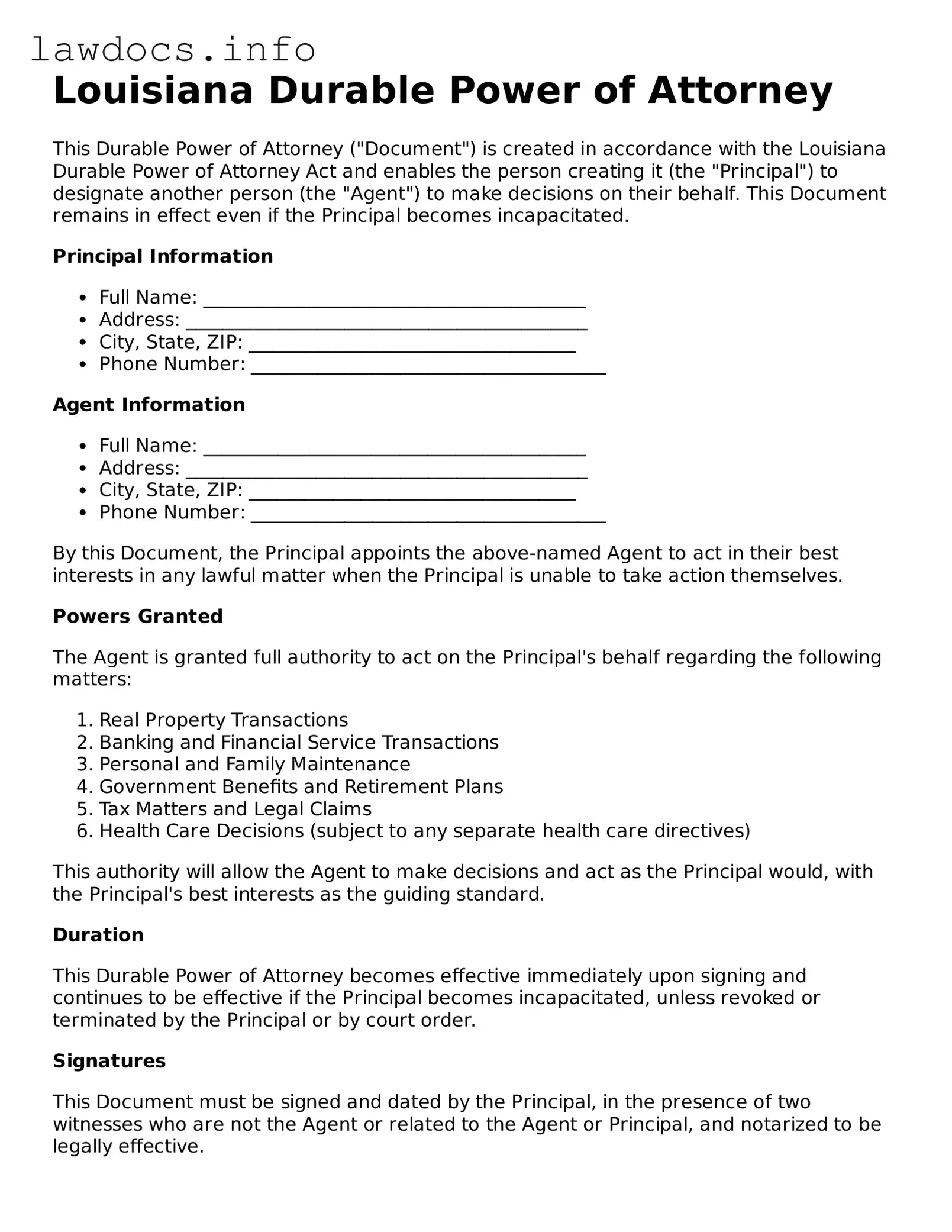 Blank Durable Power of Attorney Template for the State of Louisiana