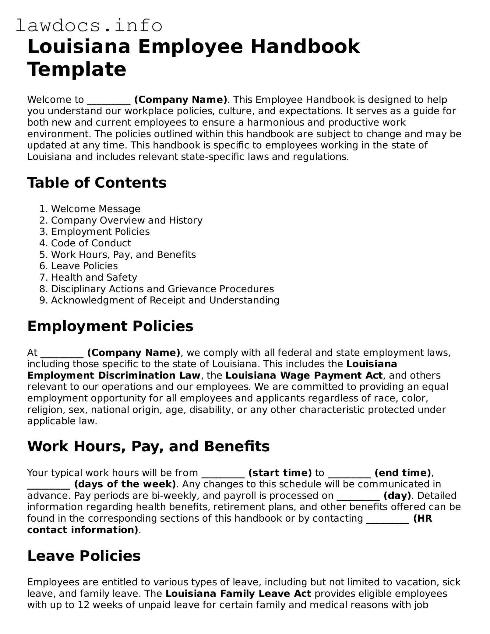 Blank Employee Handbook Template for the State of Louisiana