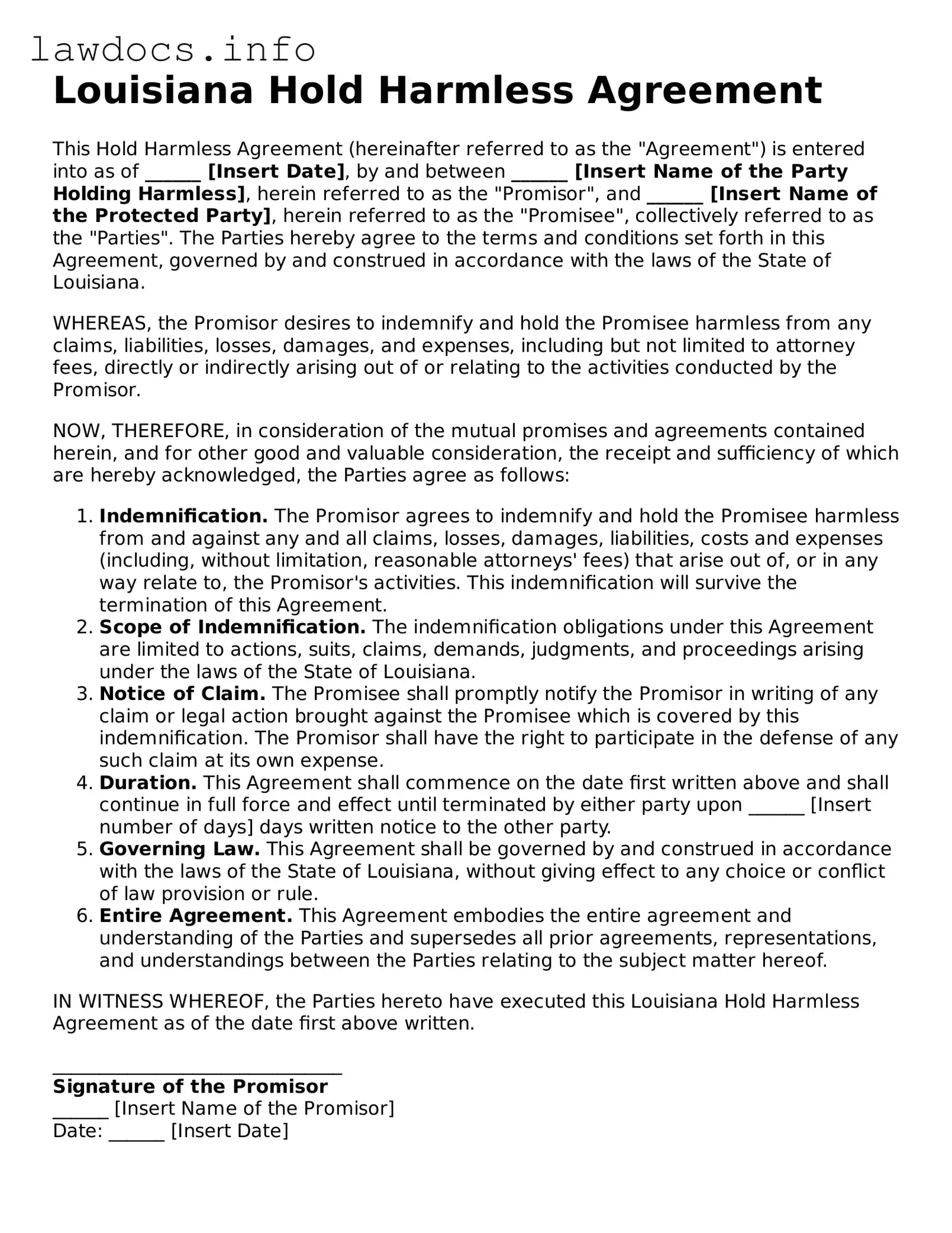 Blank Hold Harmless Agreement Template for the State of Louisiana