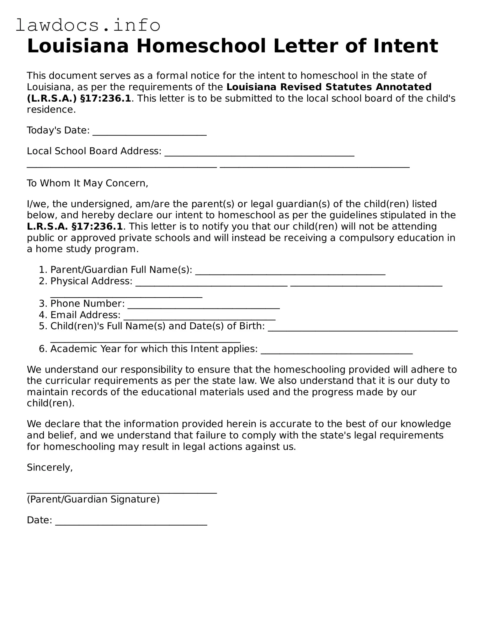 Blank Homeschool Letter of Intent Template for the State of Louisiana