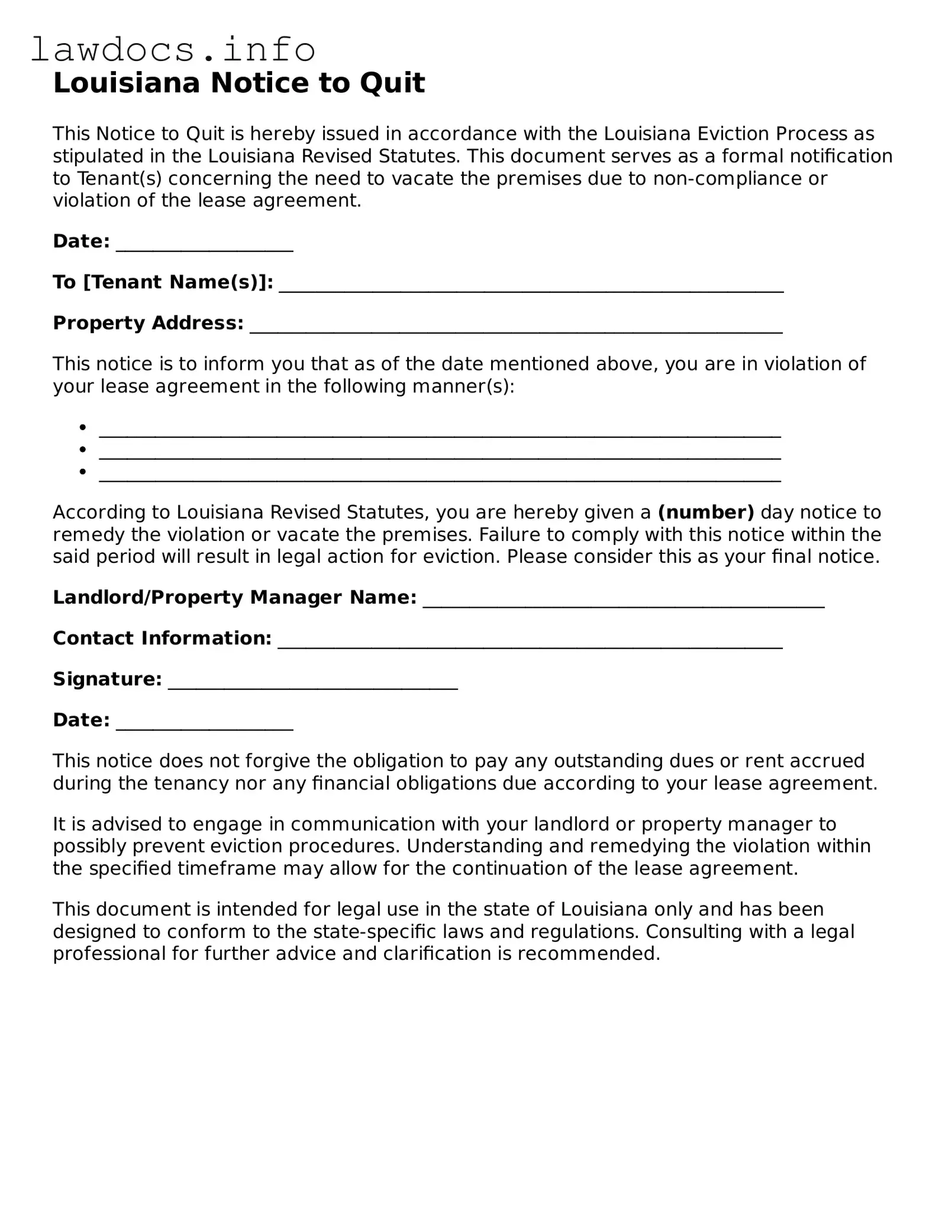 Blank Notice to Quit Template for the State of Louisiana