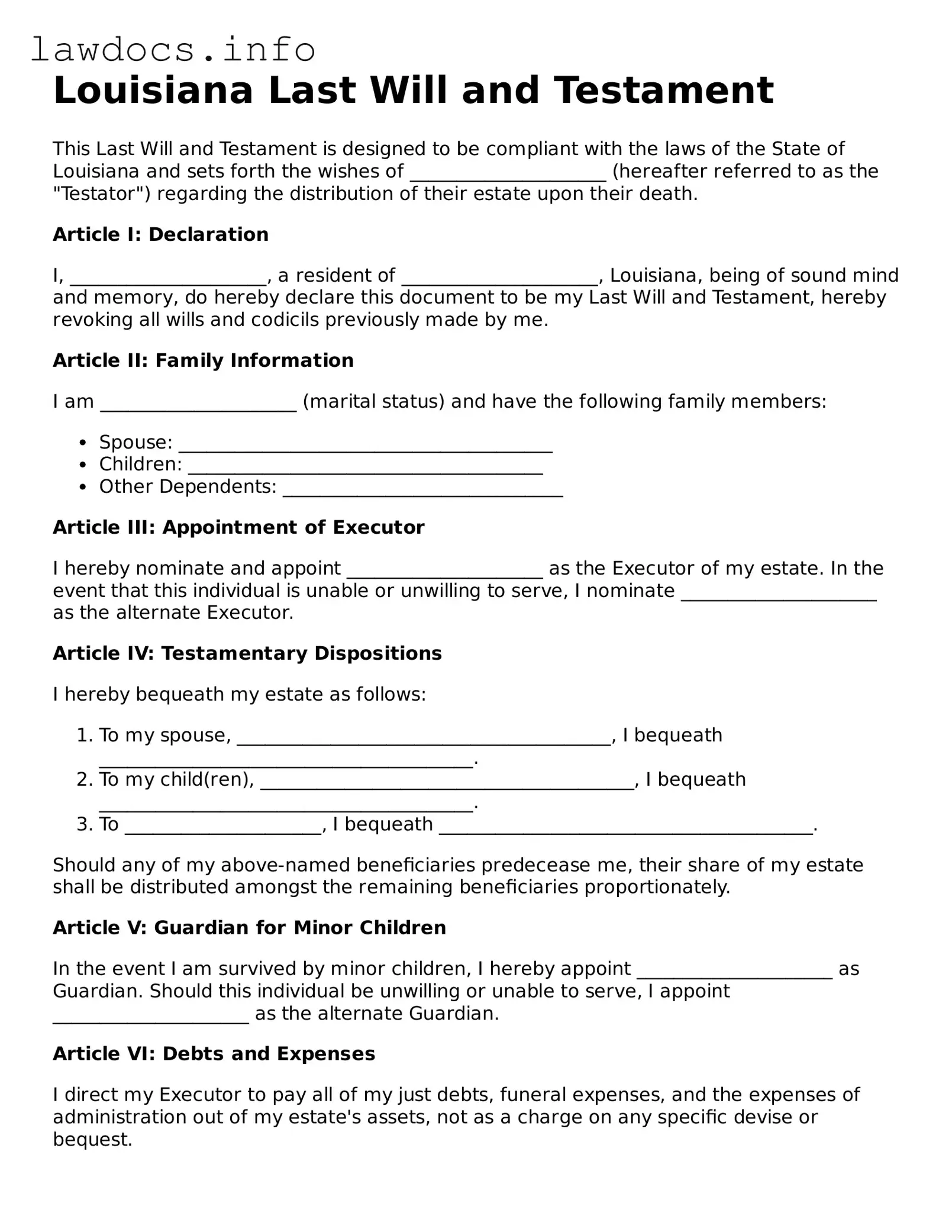 Blank Last Will and Testament Template for the State of Louisiana