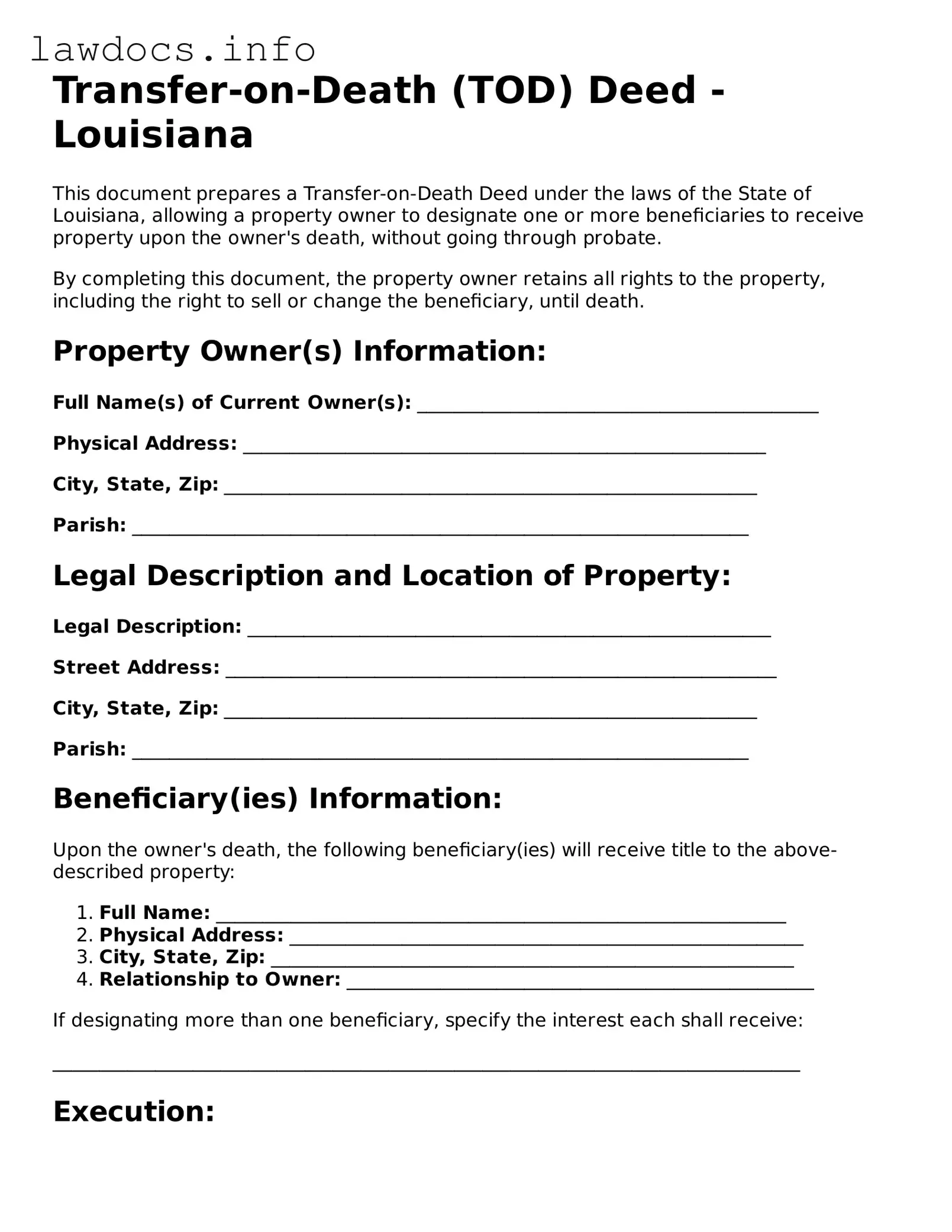 Blank Transfer-on-Death Deed Template for the State of Louisiana