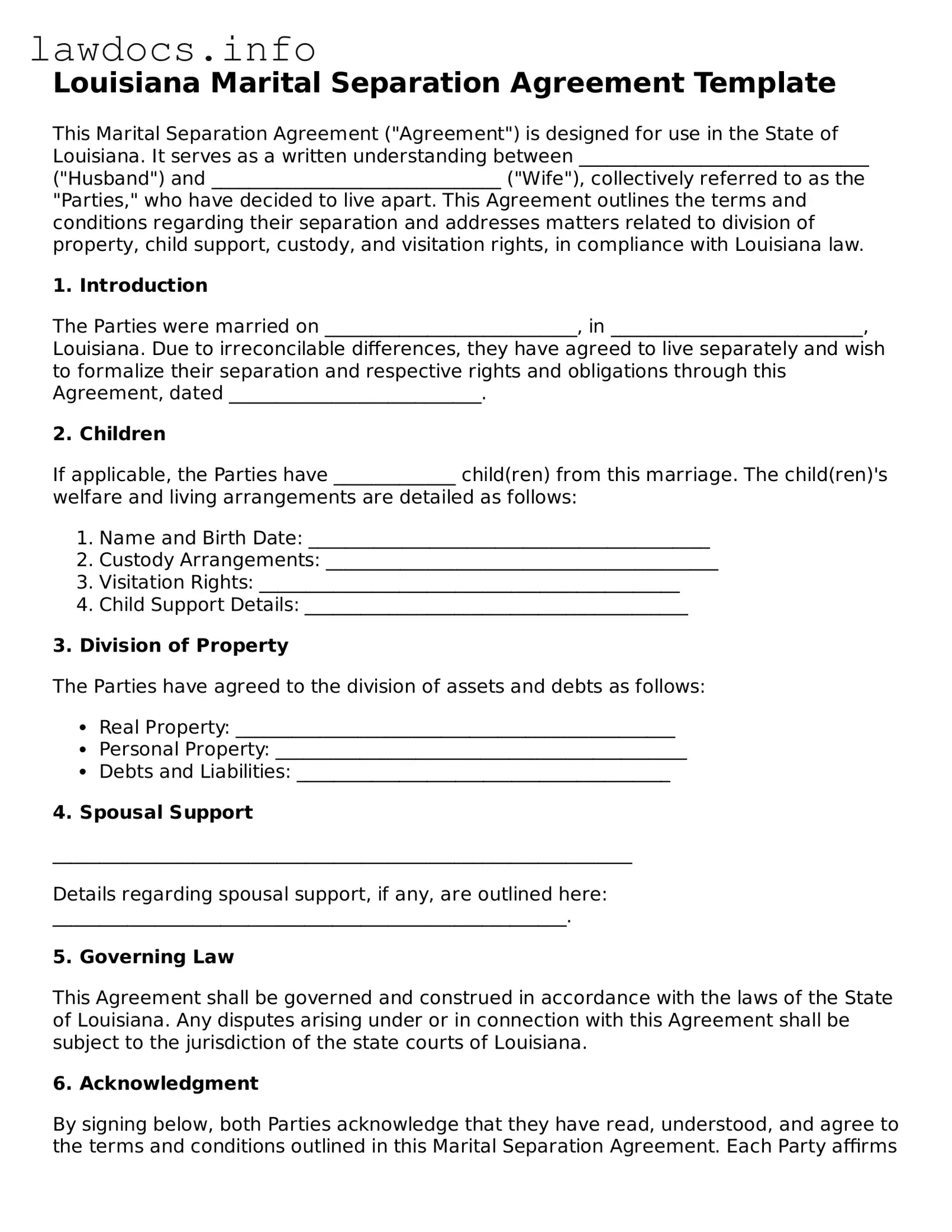 Blank Marital Separation Agreement Template for the State of Louisiana