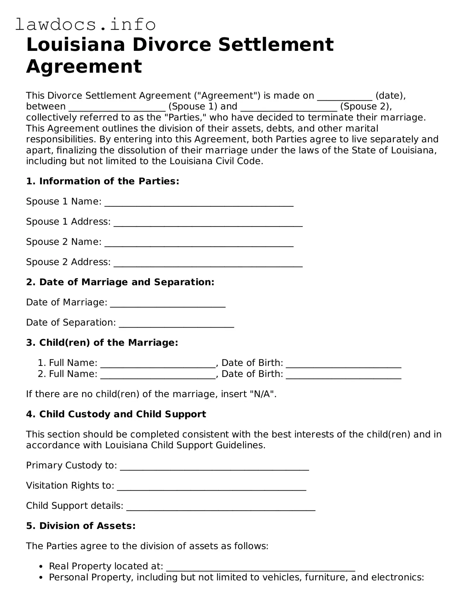 Blank Divorce Settlement Agreement Template for the State of Louisiana