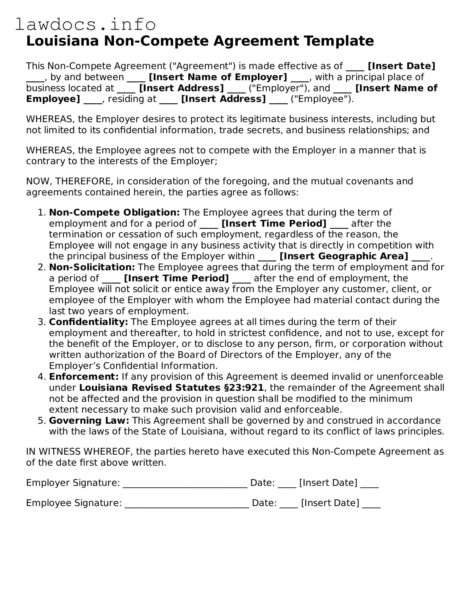 Blank Non-compete Agreement Template for the State of Louisiana
