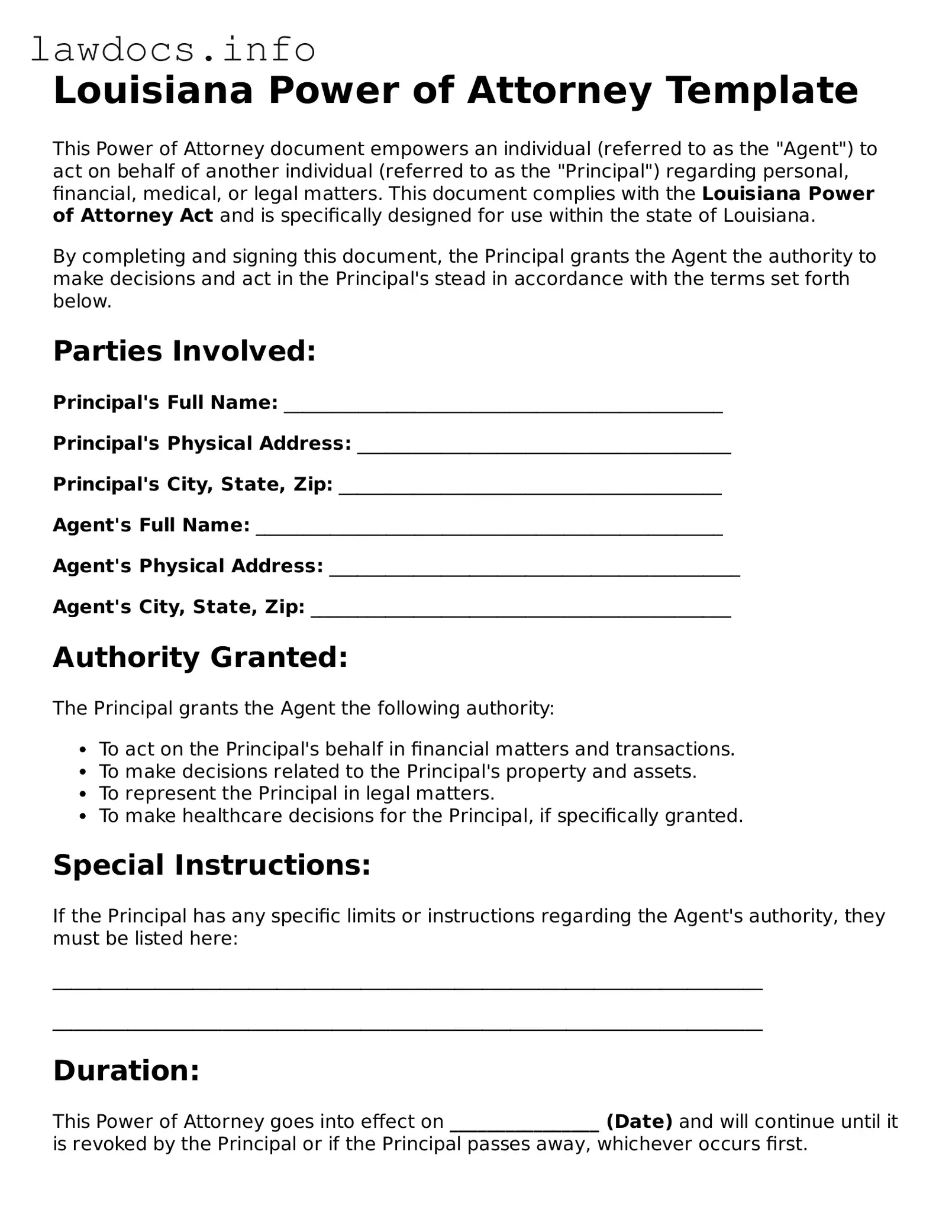 Blank Power of Attorney Template for the State of Louisiana