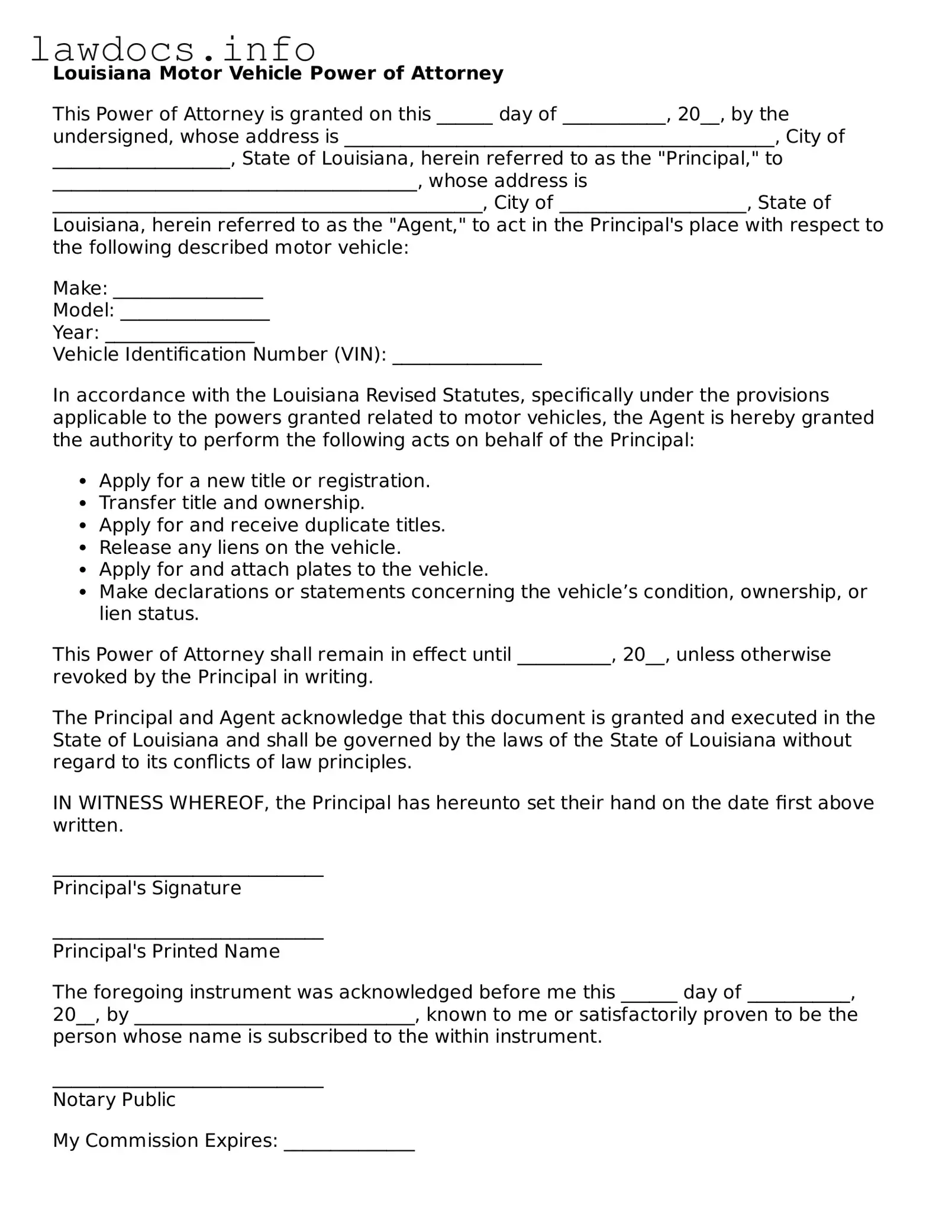 Blank Motor Vehicle Power of Attorney Template for the State of Louisiana