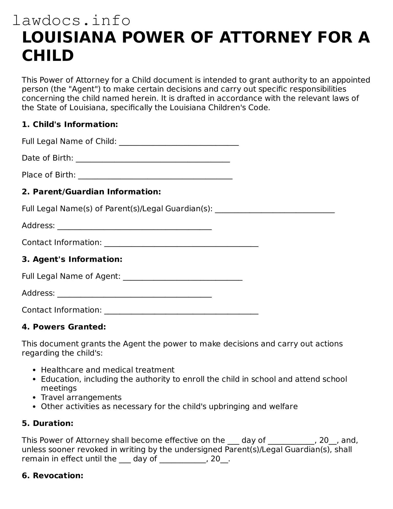 Blank Power of Attorney for a Child Template for the State of Louisiana