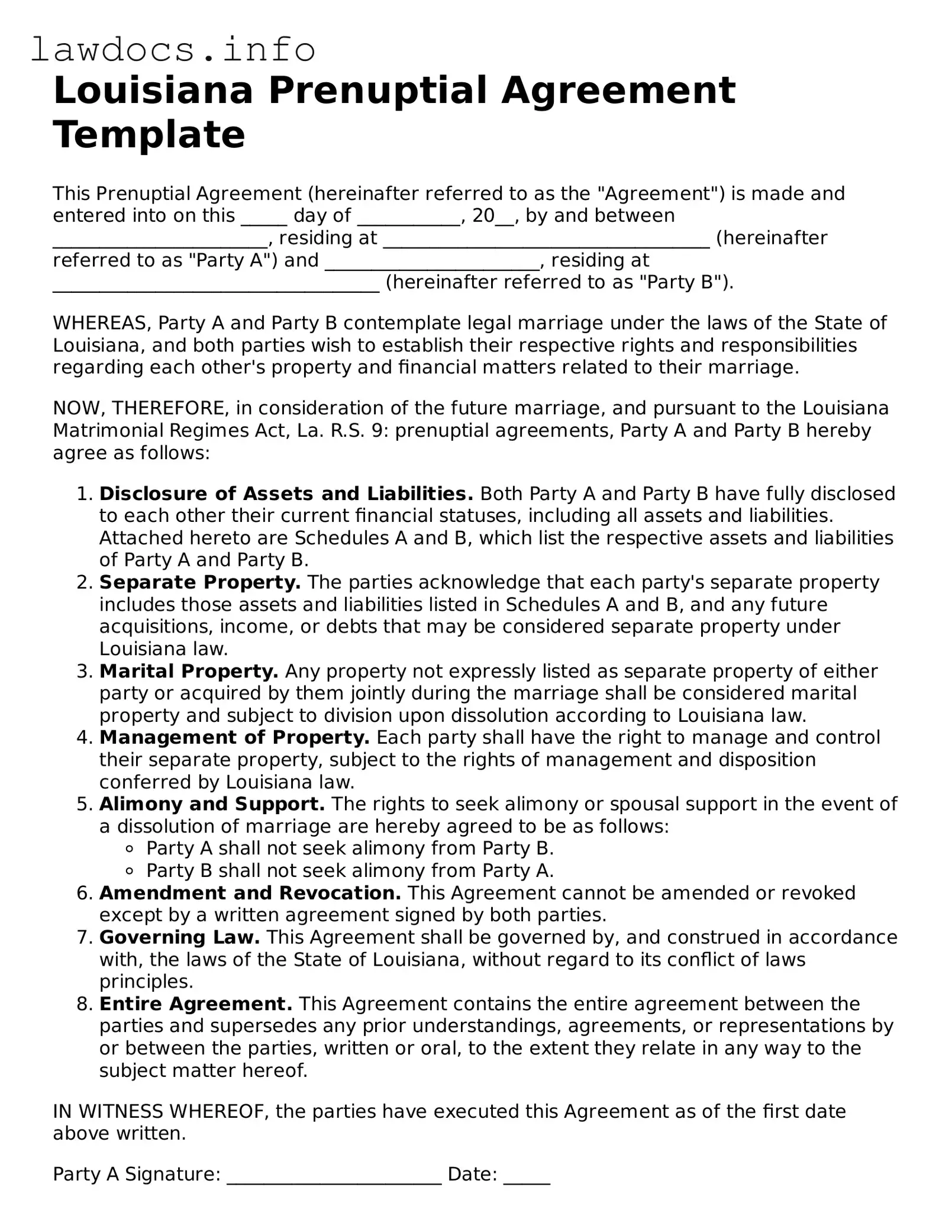 Blank Prenuptial Agreement Template for the State of Louisiana