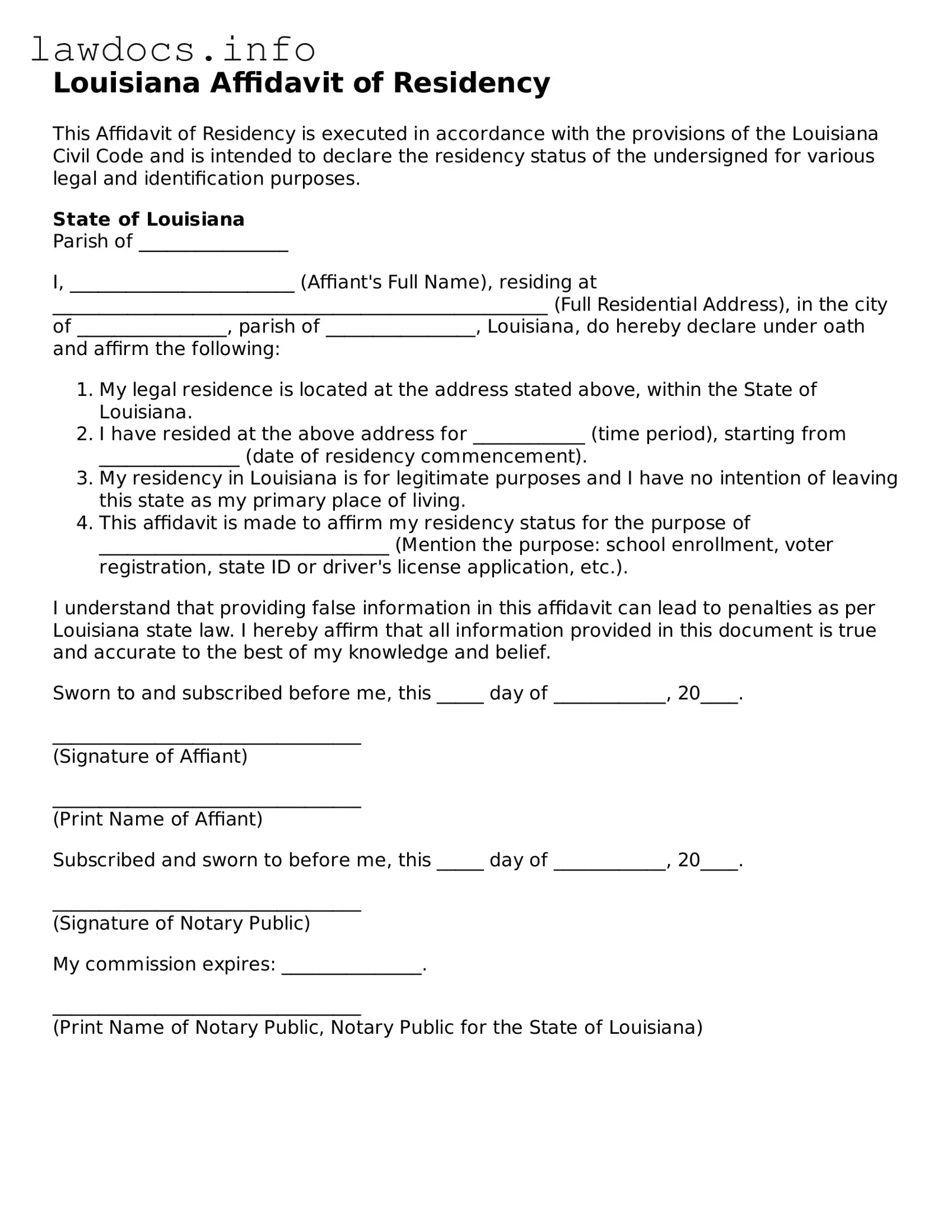 Blank Affidavit of Residency Template for the State of Louisiana