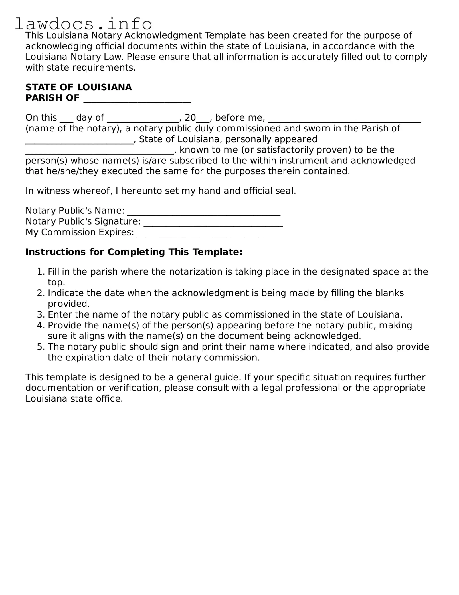 Blank Notary Acknowledgement Template for the State of Louisiana