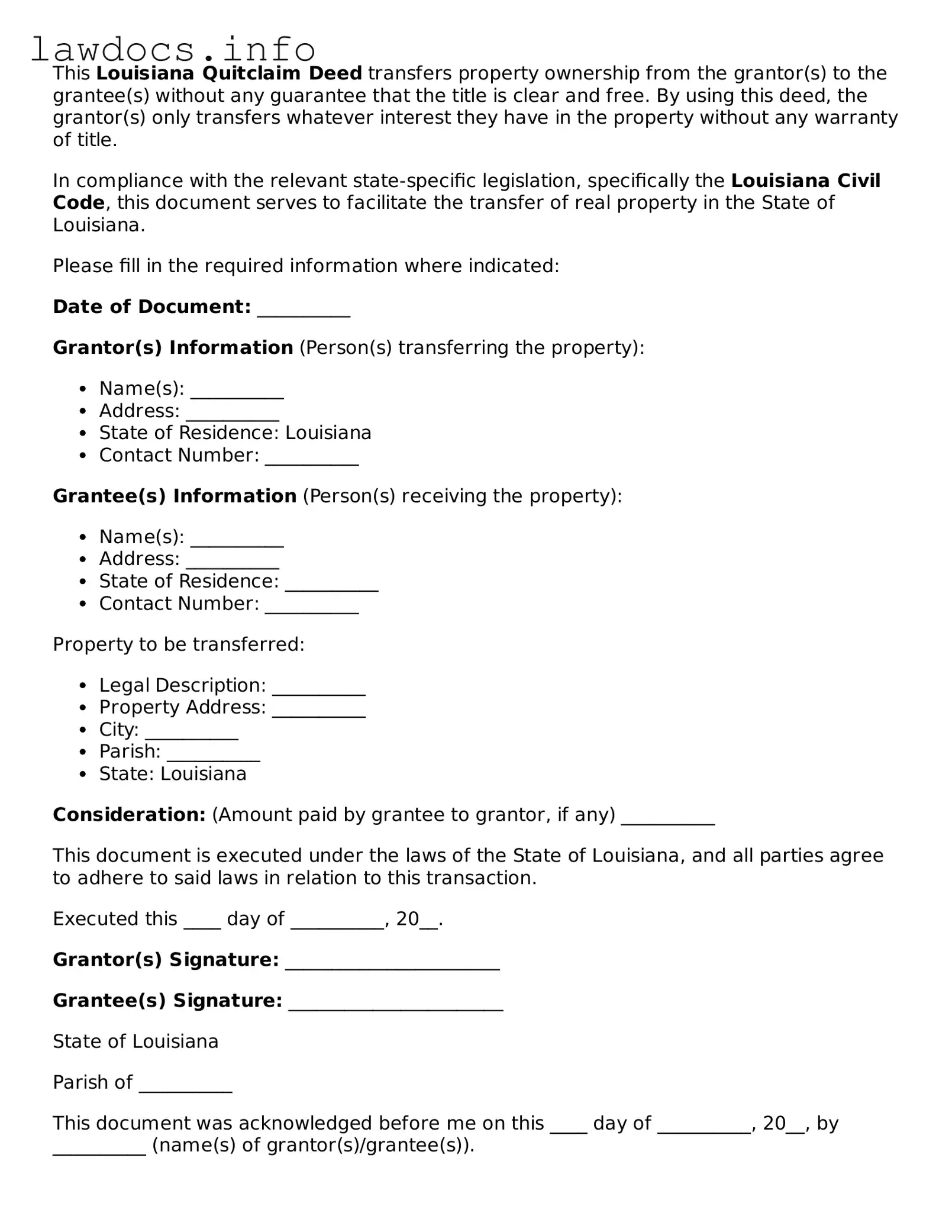 Blank Quitclaim Deed Template for the State of Louisiana