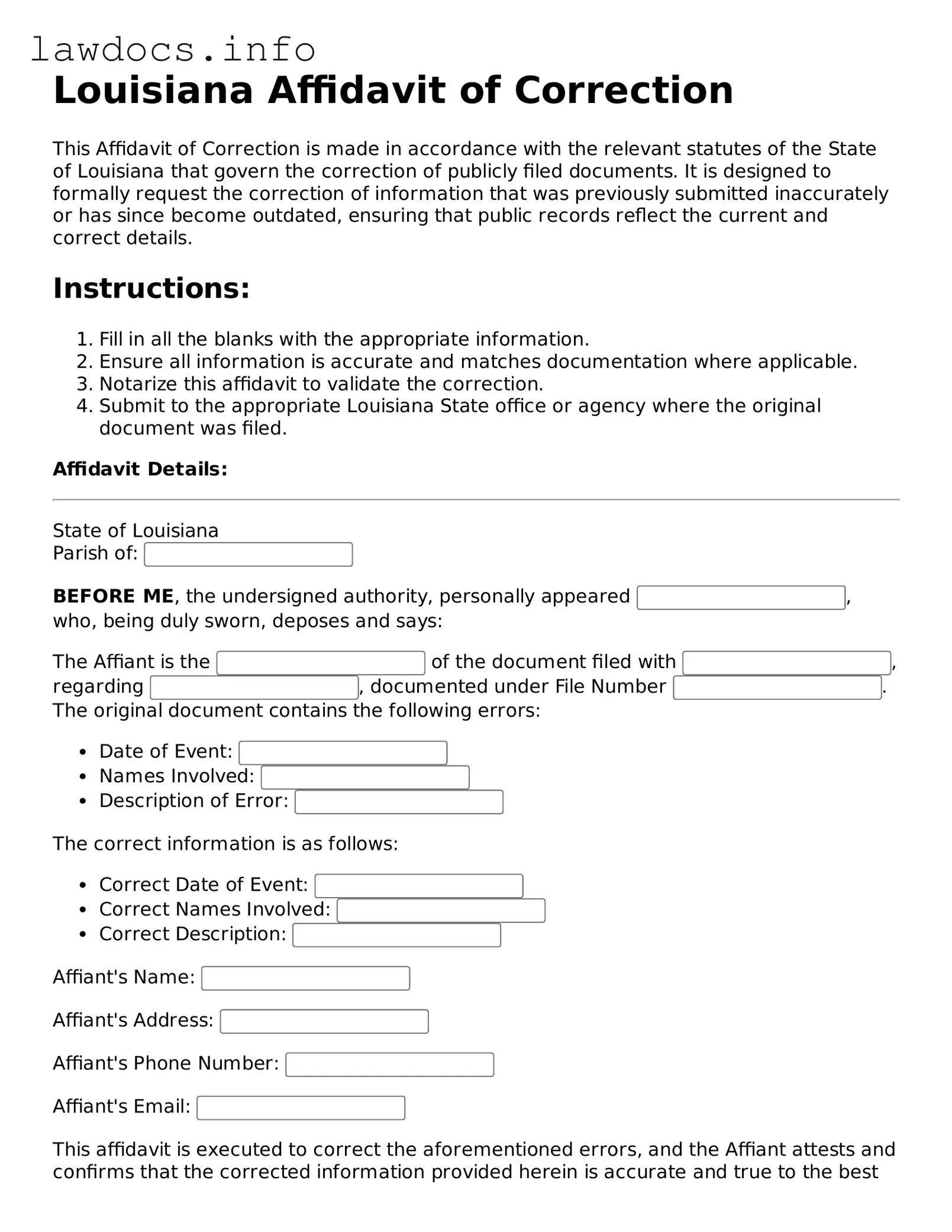 Blank Affidavit of Correction Template for the State of Louisiana