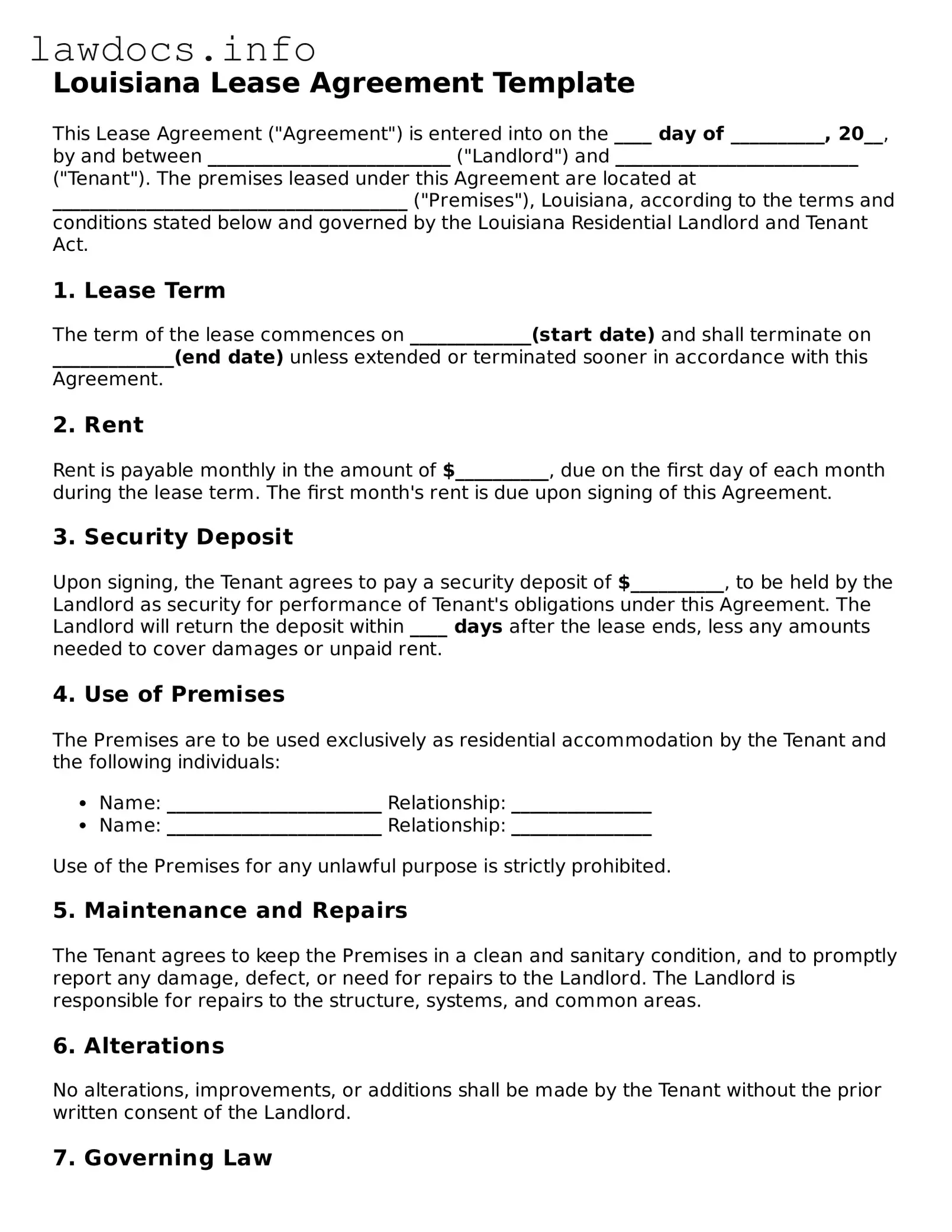 Blank Lease Agreement Template for the State of Louisiana
