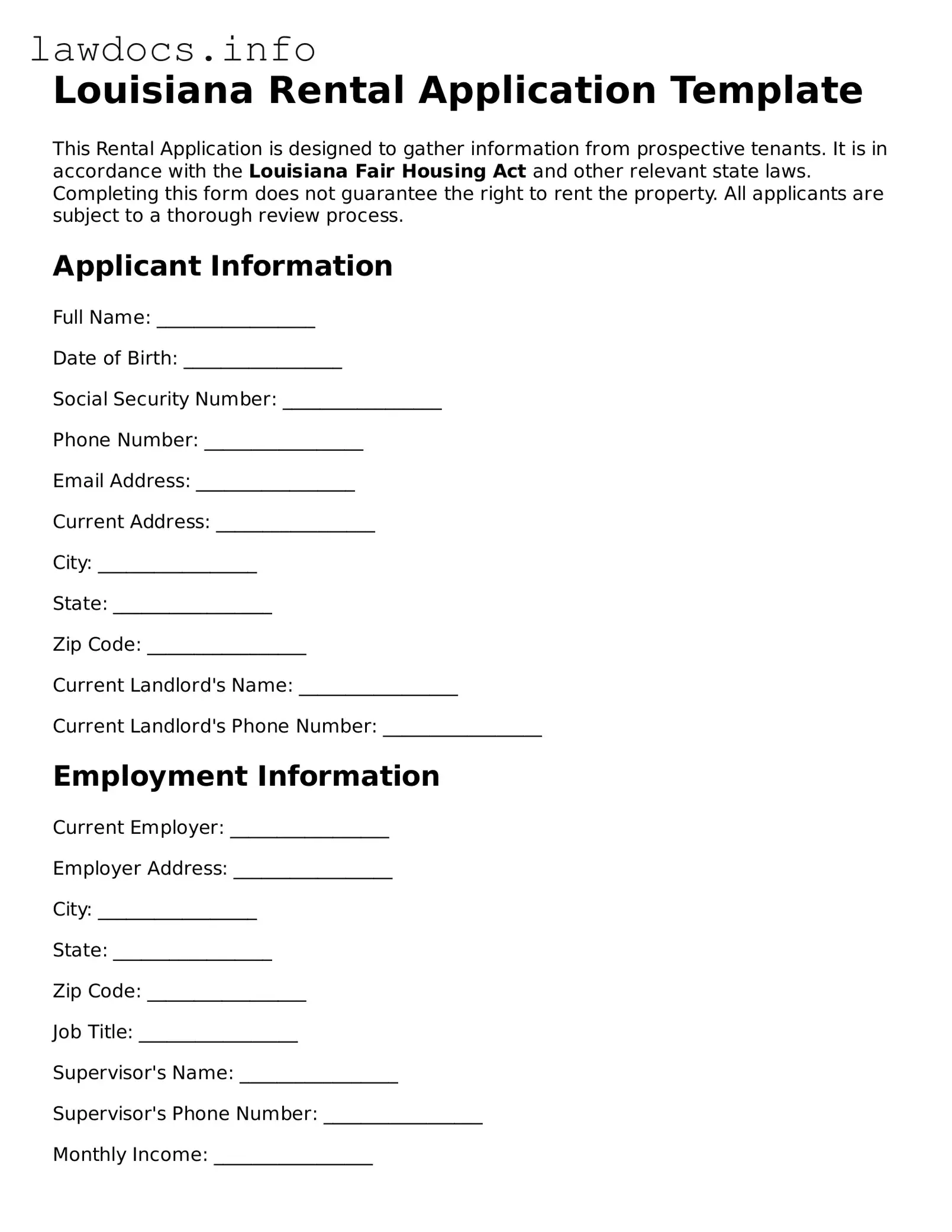 Blank Rental Application Template for the State of Louisiana