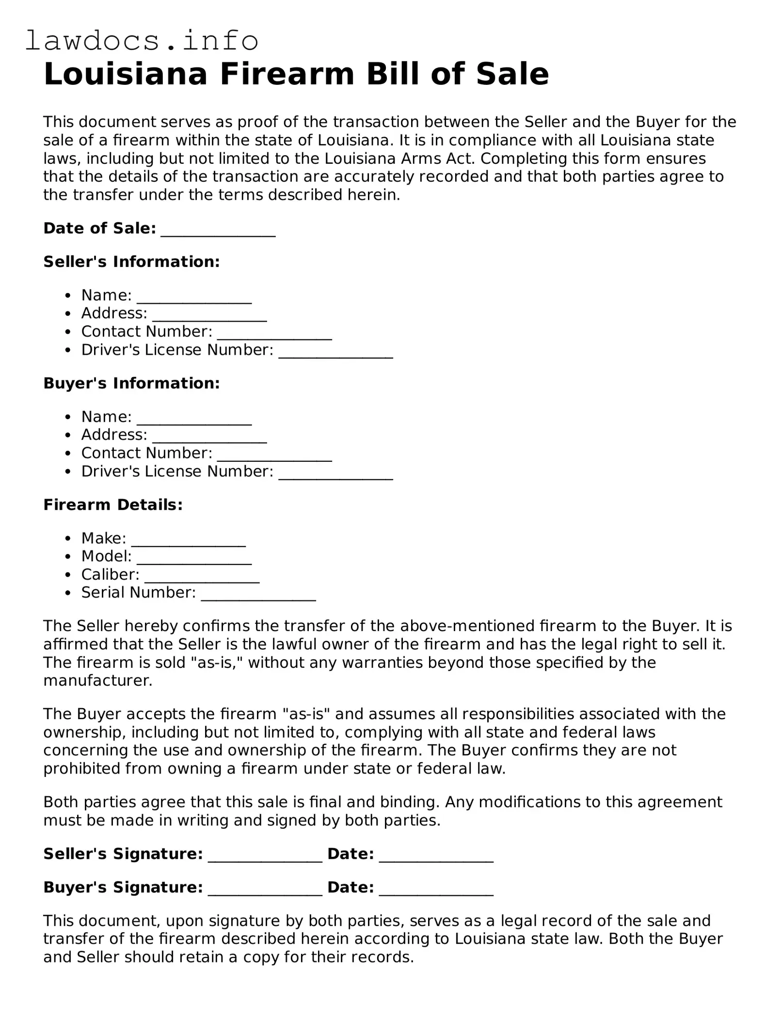 Blank Firearm Bill of Sale Template for the State of Louisiana