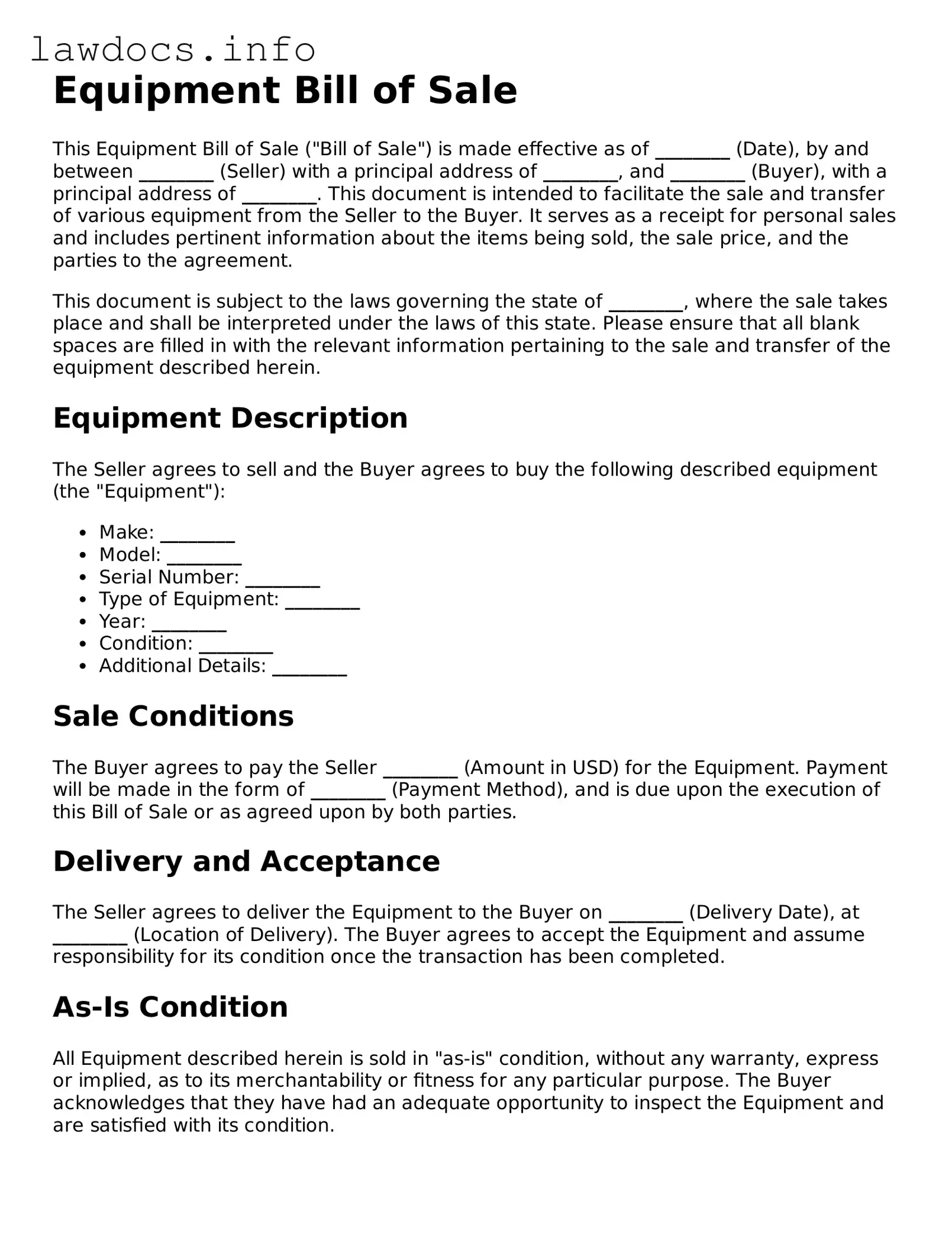 Valid Equipment Bill of Sale Form