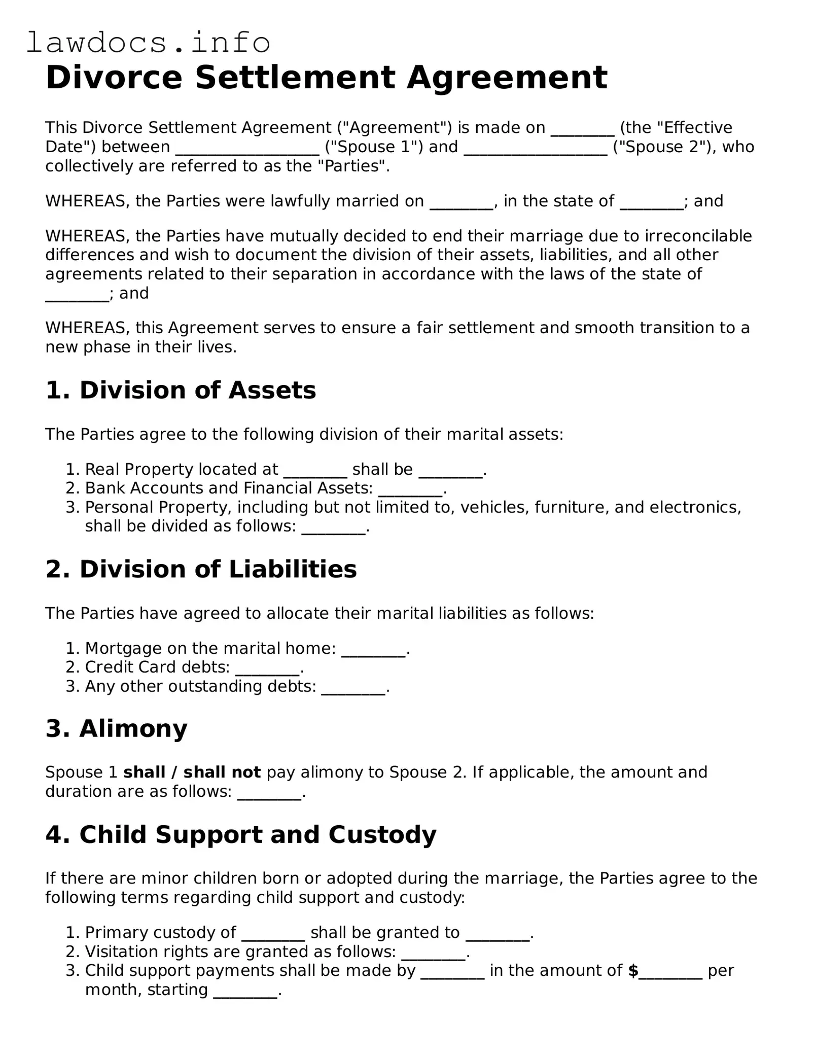 Valid Divorce Settlement Agreement Form