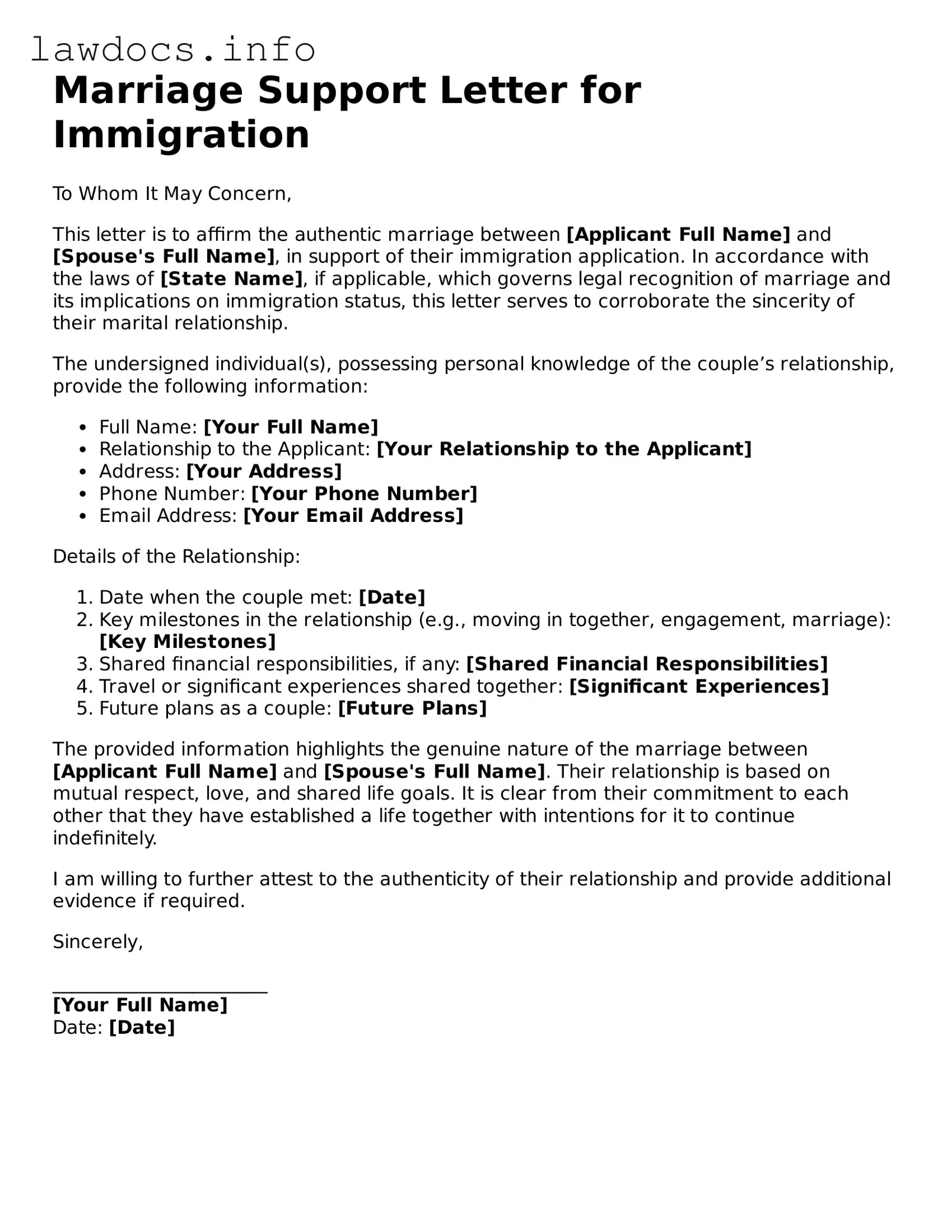 Valid Marriage Support Letter for Immigration Form
