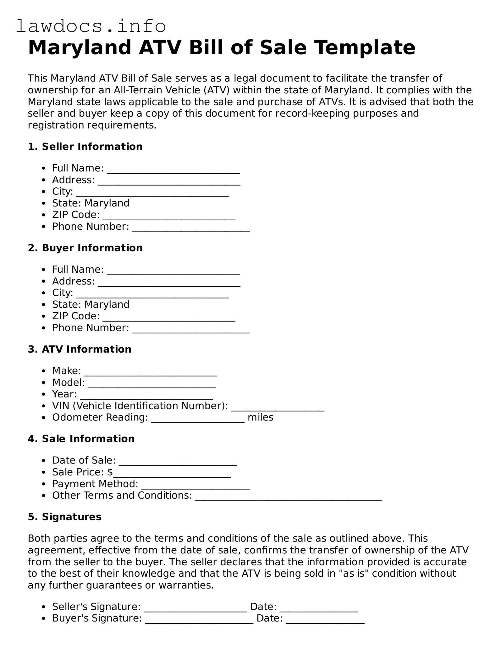 Blank ATV Bill of Sale Template for the State of Maryland