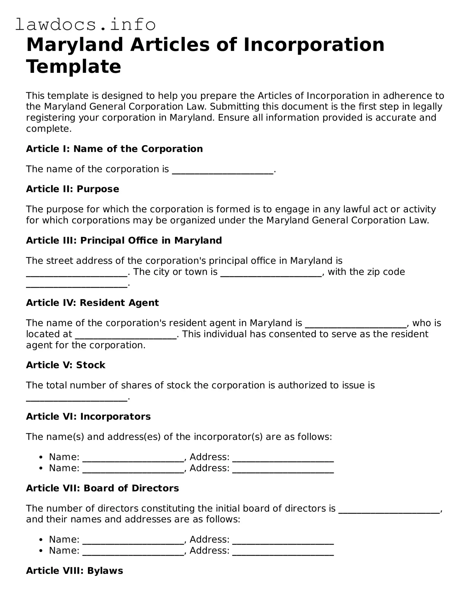 Blank Articles of Incorporation Template for the State of Maryland